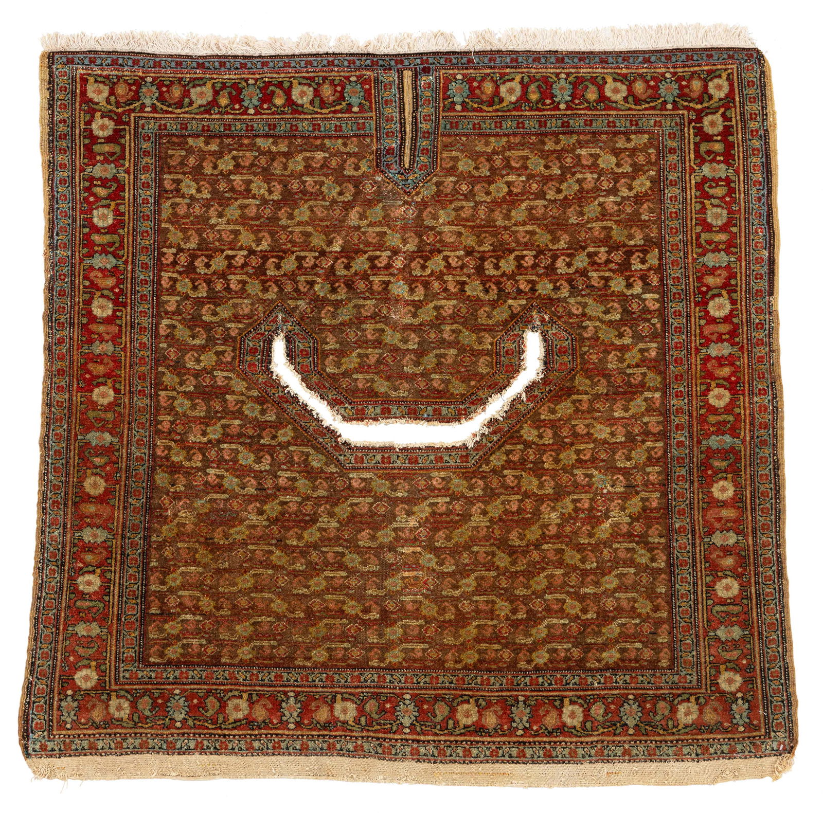 Fine Senneh Saddle Cover: Fine Senneh Saddle Cover 105 x 102 cm (3' 5" x 3' 4") Persia, late 19th century Condition: good, scattered low pile, scattered small repairs, upper end slightly restored Warp: cotton, weft: cotton,