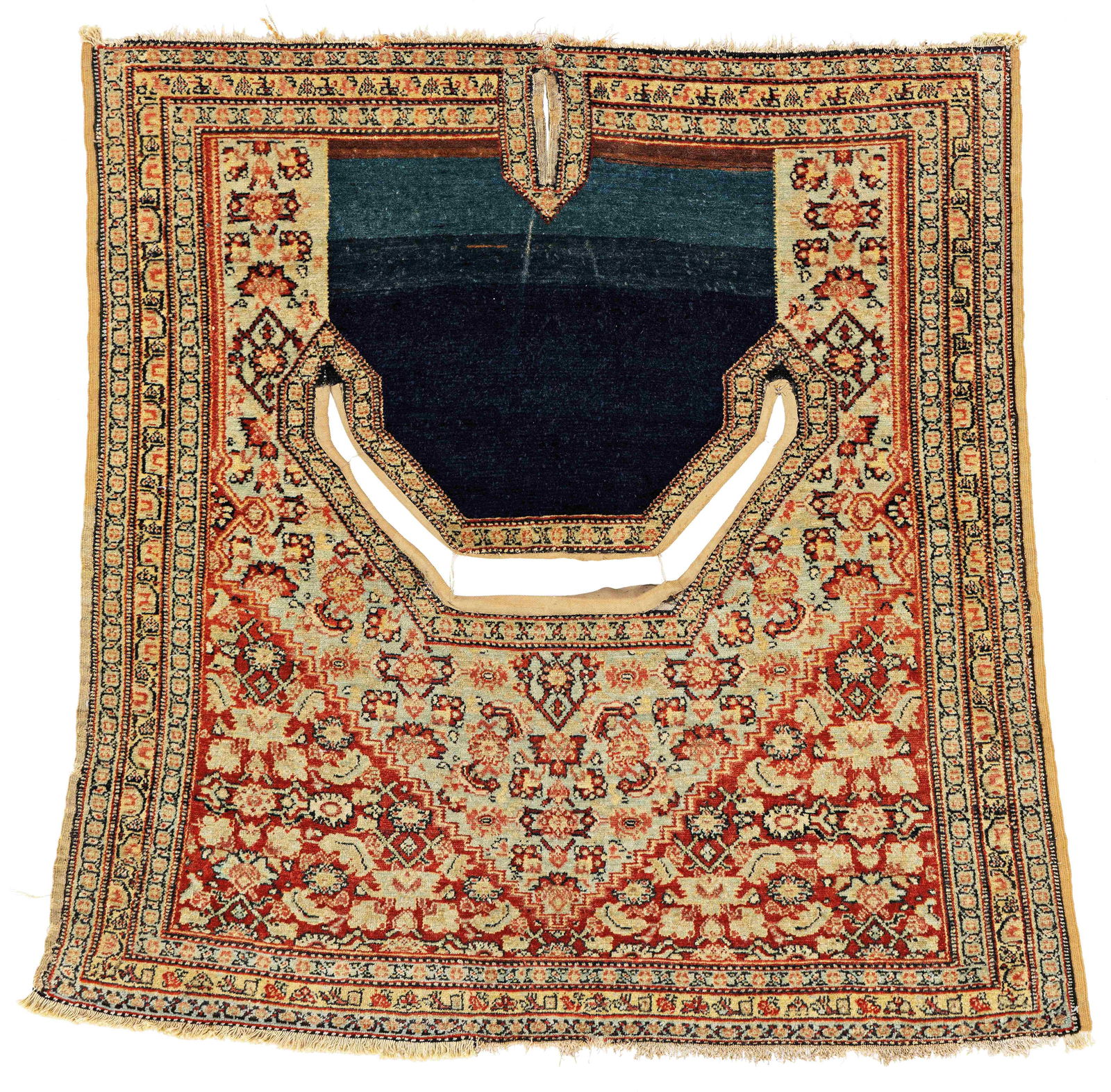 Fine Senneh Saddle Cover: Fine Senneh Saddle Cover 100 x 99 cm (3' 3" x 3' 3") Persia, late 19th century Condition: good, mostly good pile, lower kilim end partially restored, slight signs of use Warp: cotton, weft: cotton,