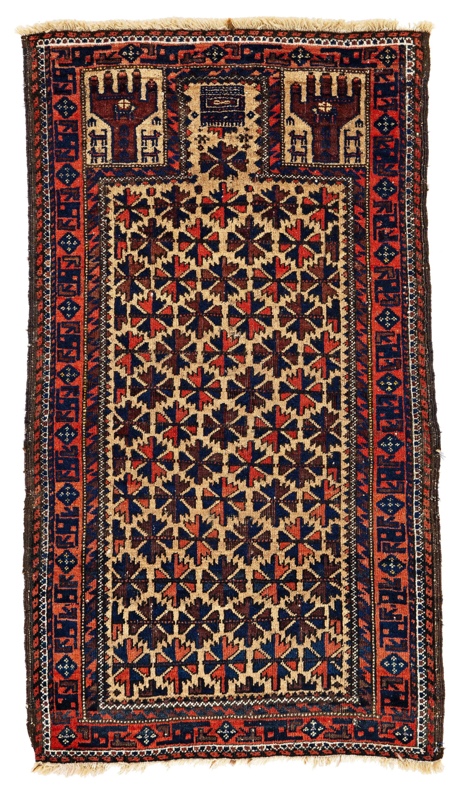 Small Baluch Prayer Rug: Small Baluch Prayer Rug 115 x 65 cm (3' 9" x 2' 2") Persia, early 20th century Condition: good, mostly good pile, partial corroded dark brown, a small hole in the bottom right corner, minor small moth