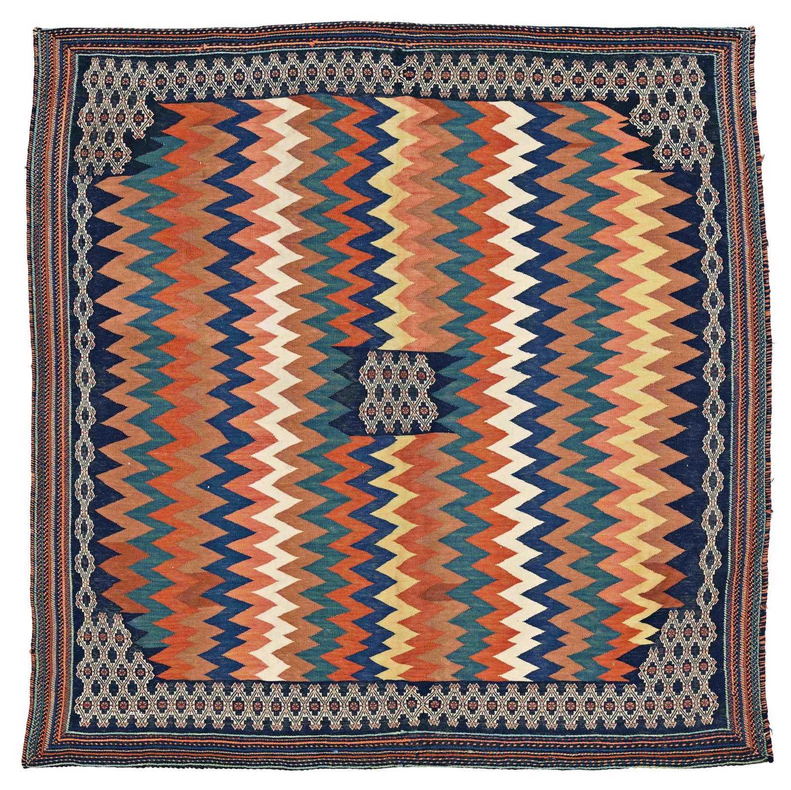 Large Afshar Kilim Sofreh: Large Afshar Kilim Sofreh 163 x 162 cm (5' 4" x 5' 4") Persia, mid 20th century Condition: very good, minor signs of use Warp: wool, weft: wool