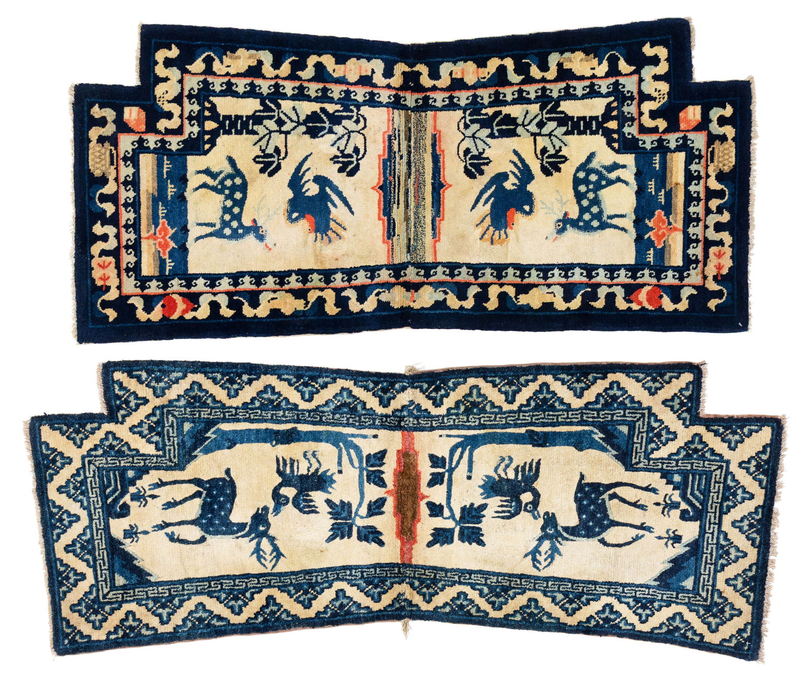 Two Peking Saddle Covers: Two Peking Saddle Covers 133 x 48 cm and 121 x 53 cm (4' 4" x 1' 7" and 4' x 1' 9") China, early 20th century Condition: good, good pile, some old repairs Warp: cotton, weft: cotton, pile: wool
