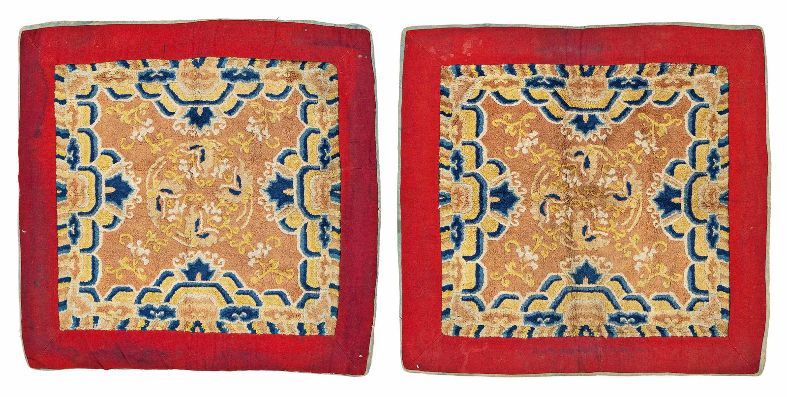 A Pair of Ning Xia Sitting Rug: A Pair of Ning Xia Sitting Rug 88 x 92 cm and 90 x 88 cm (2' 11" x 3' and 2' 11" x 2' 11") China, late 19th century Condition: good, full pile, edged and backed with fabric Warp: cotton, weft: