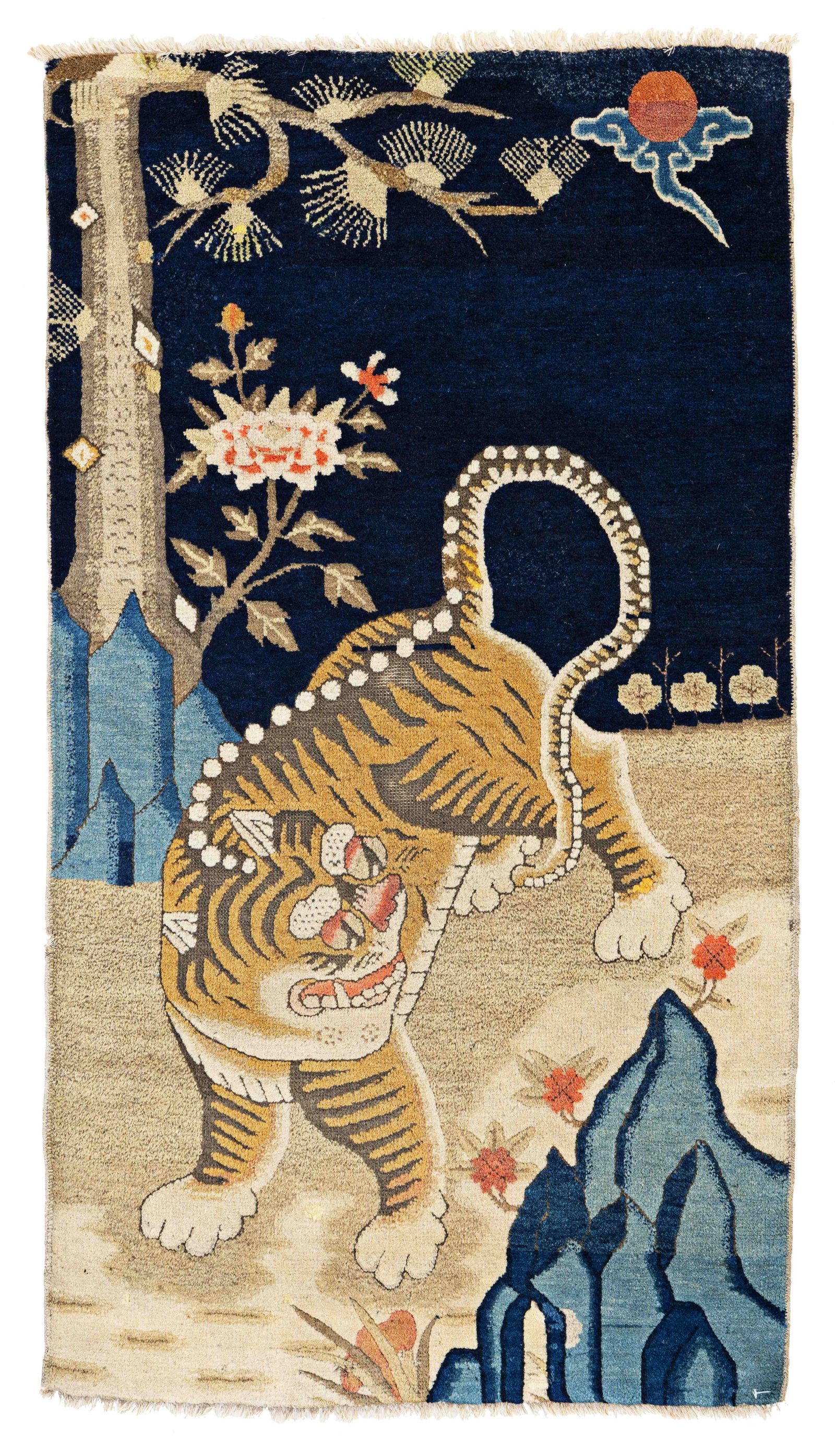 Pao Tao Rug with Tiger: Pao Tao with Tiger 135 x 75 cm (4' 5" x 2' 6") China, ca. 1900 Condition: good, good pile, corroded brown, upper end partially restored, scattered small repairs Warp: cotton, weft: cotton, pile: wool