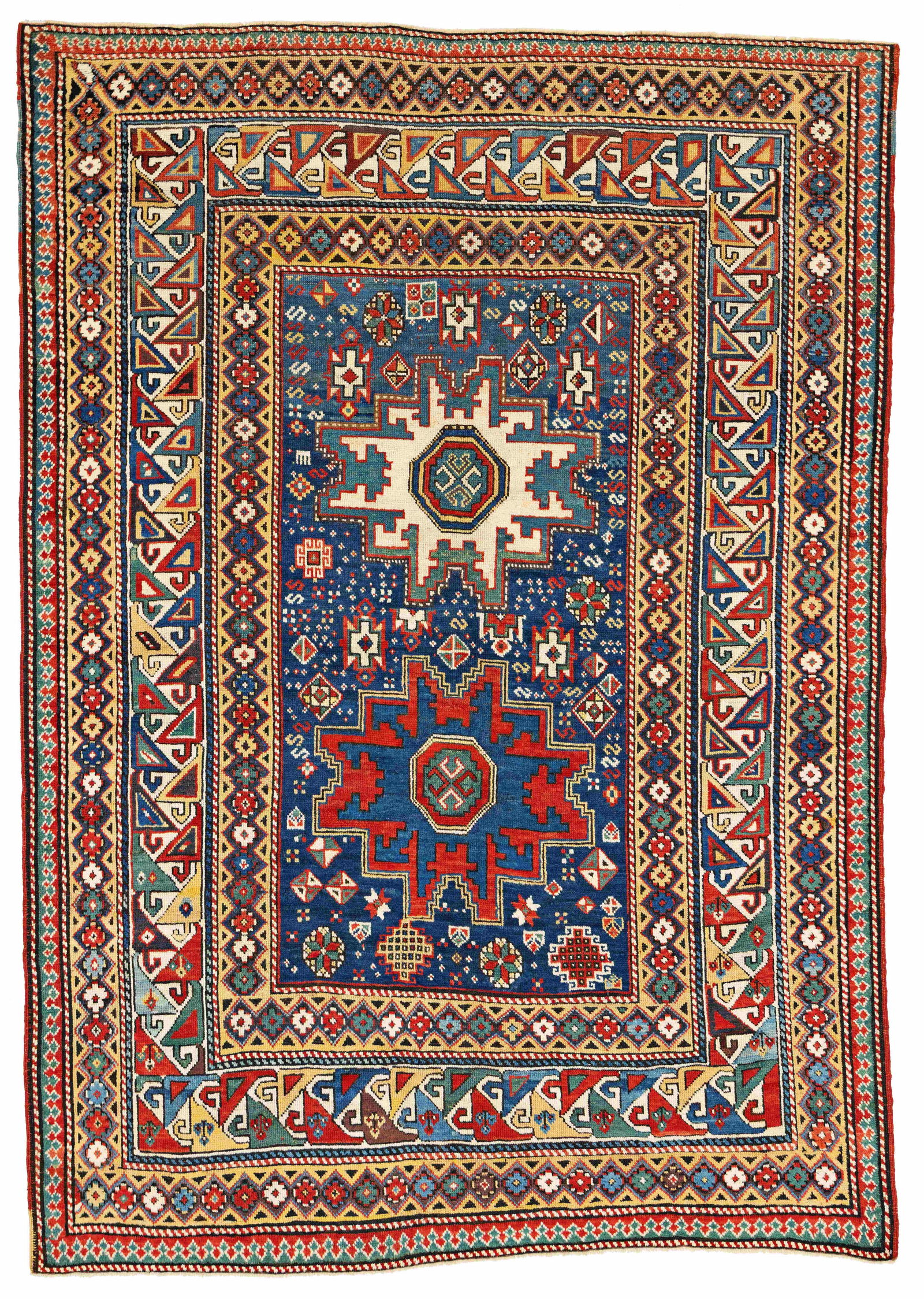 Kazak Rug: Kazak 232 x 162 cm (7' 7" x 5' 4") Caucasus, ca. 1880 Condition: good, low pile in places, some professional restorations Warp: wool, weft: wool, pile: wool