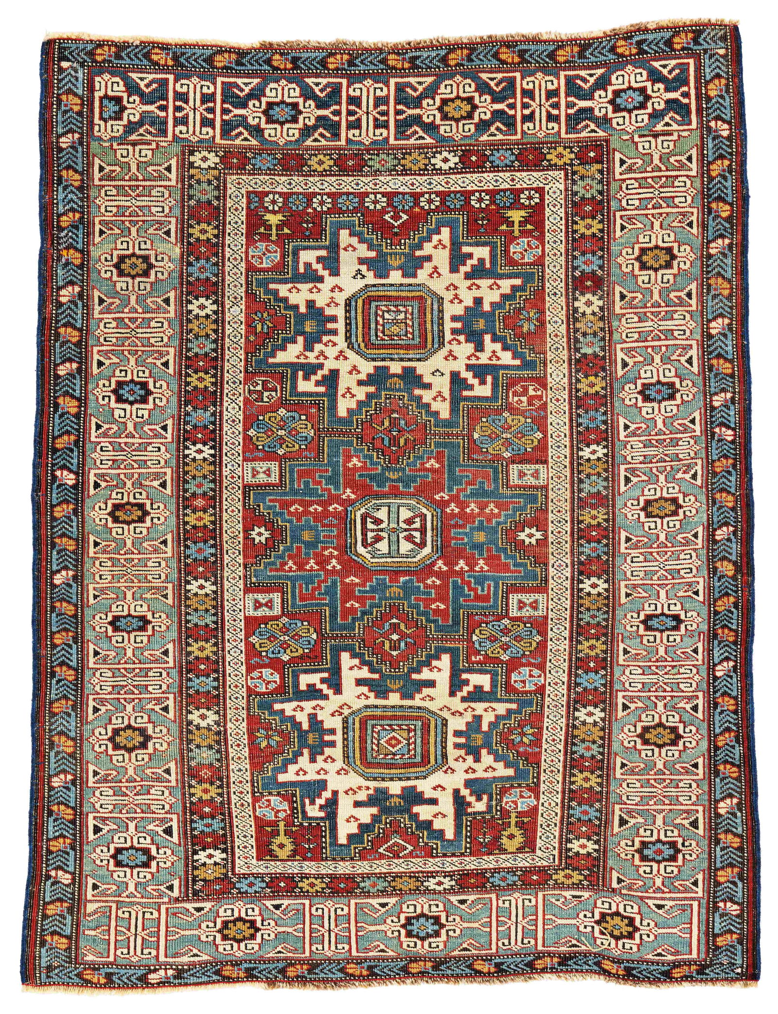 Kuba Rug: Kuba 136 x 104 cm (4' 6" x 3' 5") Caucasus, second half 19th century Condition: good, low pile but not worn, scattered small repairs Warp: wool, weft: wool, pile: wool