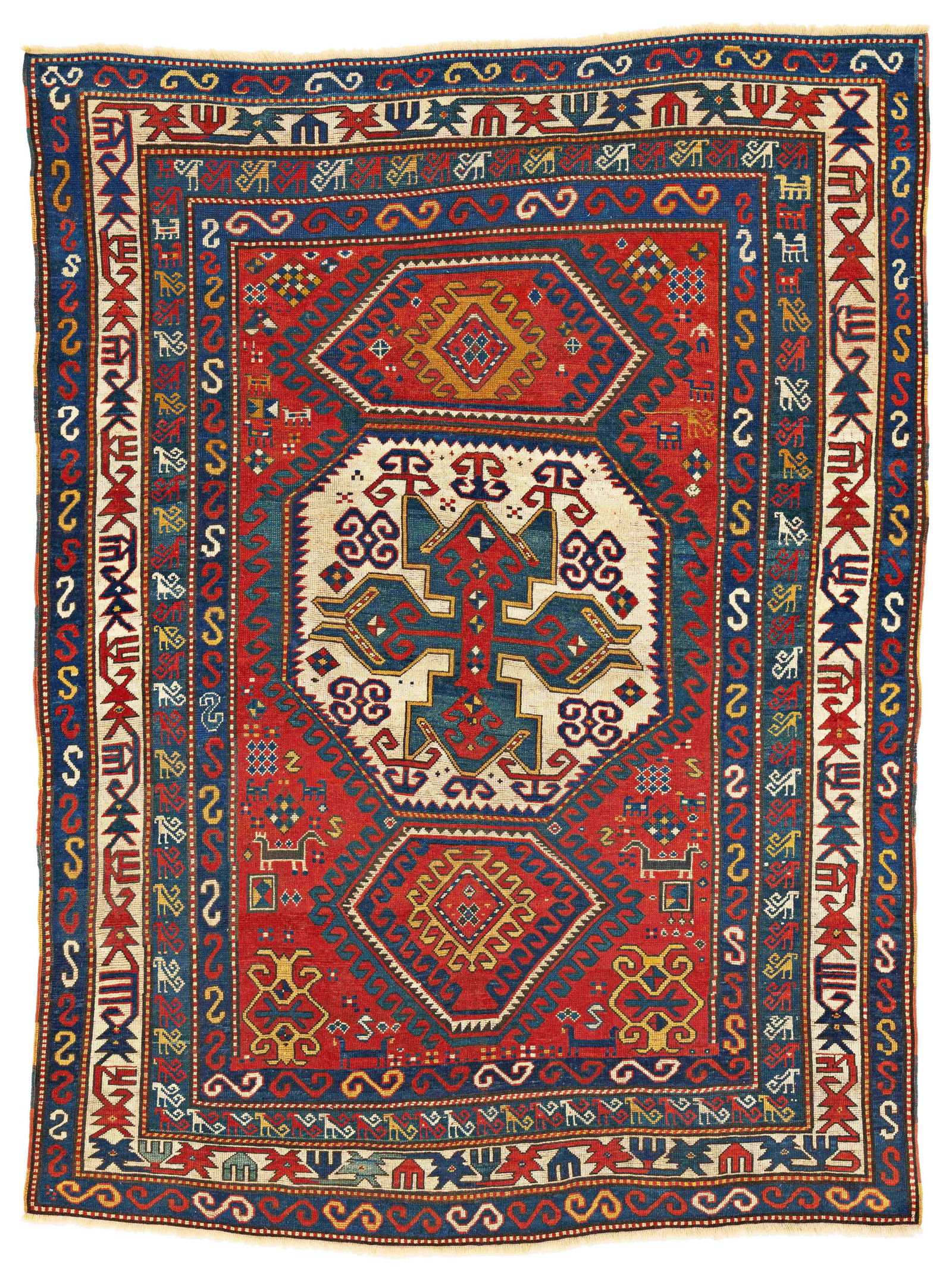 Lori Pambak Kazak Rug: Lori Pambak Kazak 216 x 171 cm (7' 1" x 5' 7") Caucasus, ca. 1870 Condition: good, low pile, several professional restorations Warp: wool, weft: wool, pile: wool