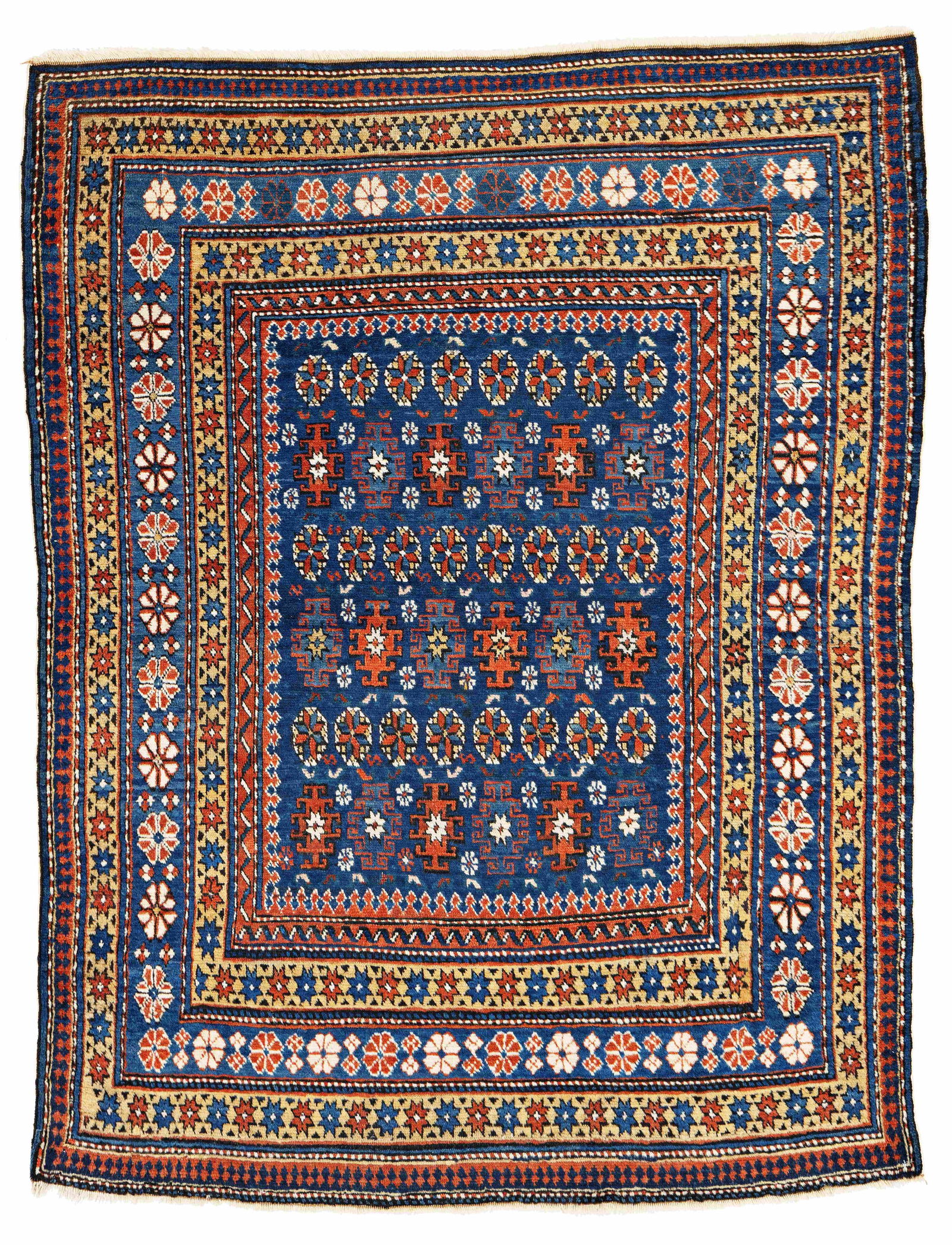 Chi Chi Rug: Chi Chi 145 x 110 cm (4' 9" x 3' 7") Caucasus, late 19th century Condition: good, scattered low pile, scattered small repairs, slight signs of use Warp: wool, weft: cotton, pile: wool
