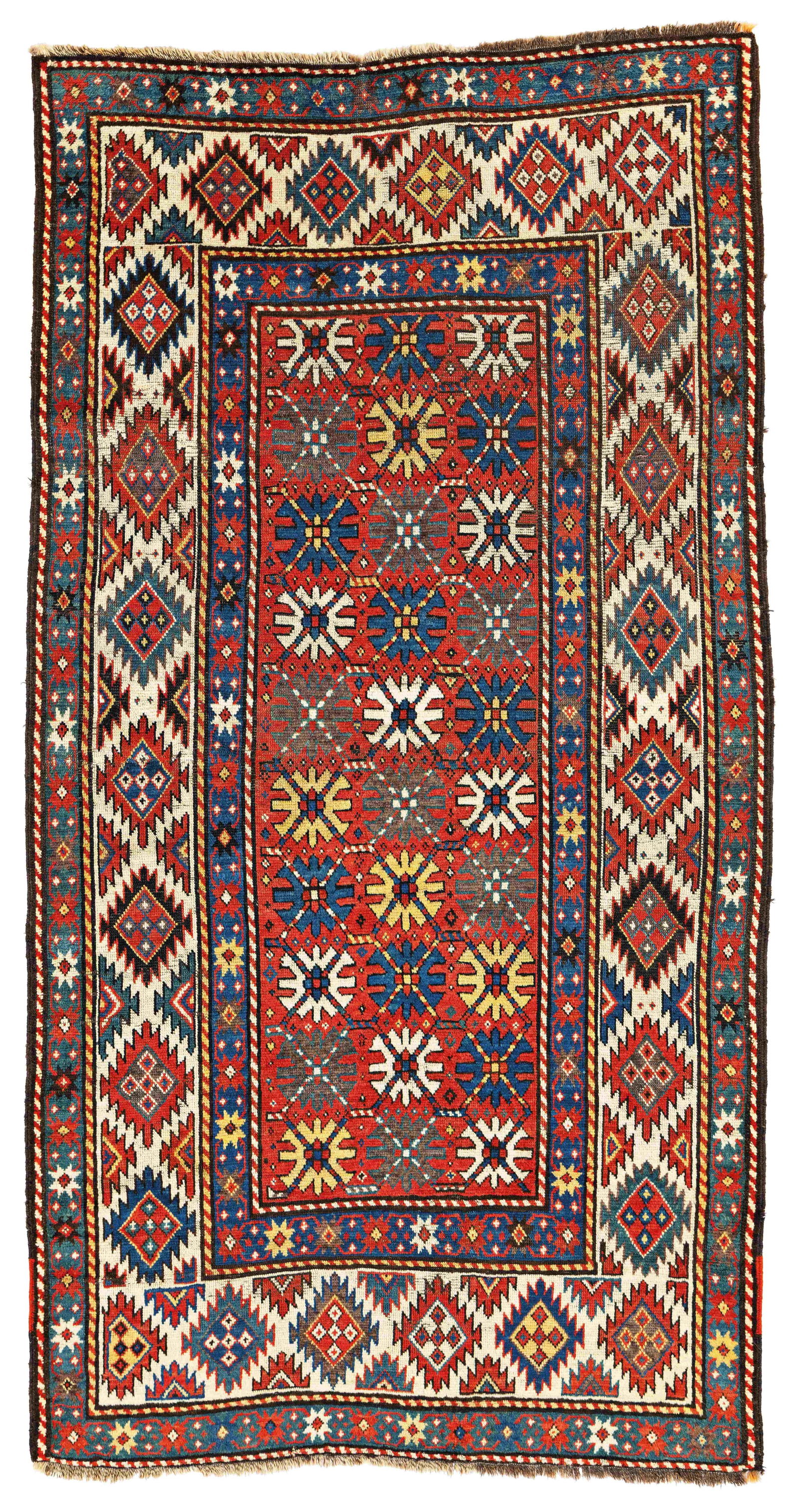 Gendje Rug: Gendje 215 x 111 cm (7' 1" x 3' 8") Caucasus, second half 19th century Condition: good, low pile in places, scattered small repairs Warp: wool, weft: wool, pile: wool