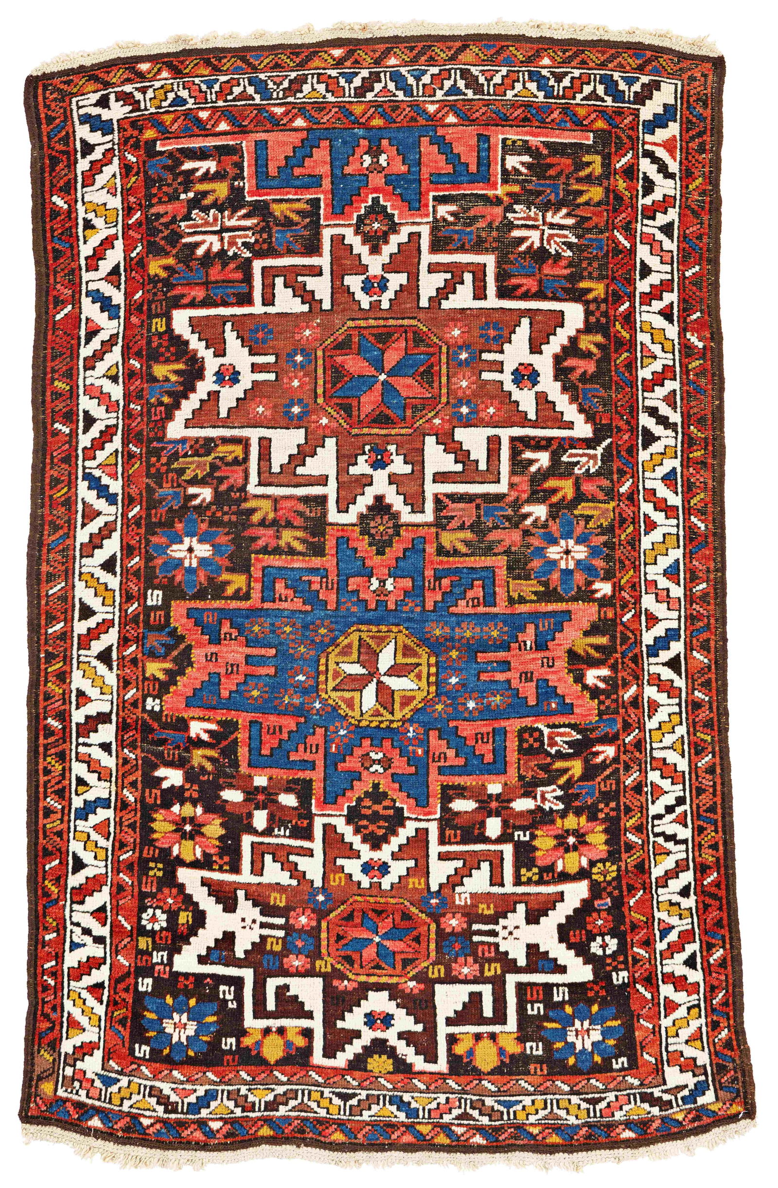 Lesghi Rug: Lesghi 160 x 100 cm (5' 3" x 3' 3") Caucasus, late 19th century Condition: good, mostly good pile, partial corroded dark brown, minor small repairs Warp: wool, weft: wool, pile: wool