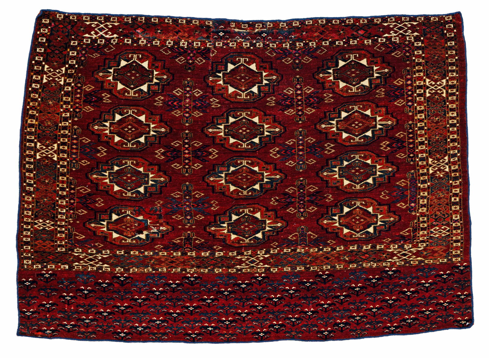 Saryk Chuval: Saryk Chuval 120 x 87 cm (3' 11" x 2' 10") Turkmenistan, second half 19th century Condition: good, mostly good pile, some old repairs, upper end slightly incomplete Provenance: ex Franz Glantschnig