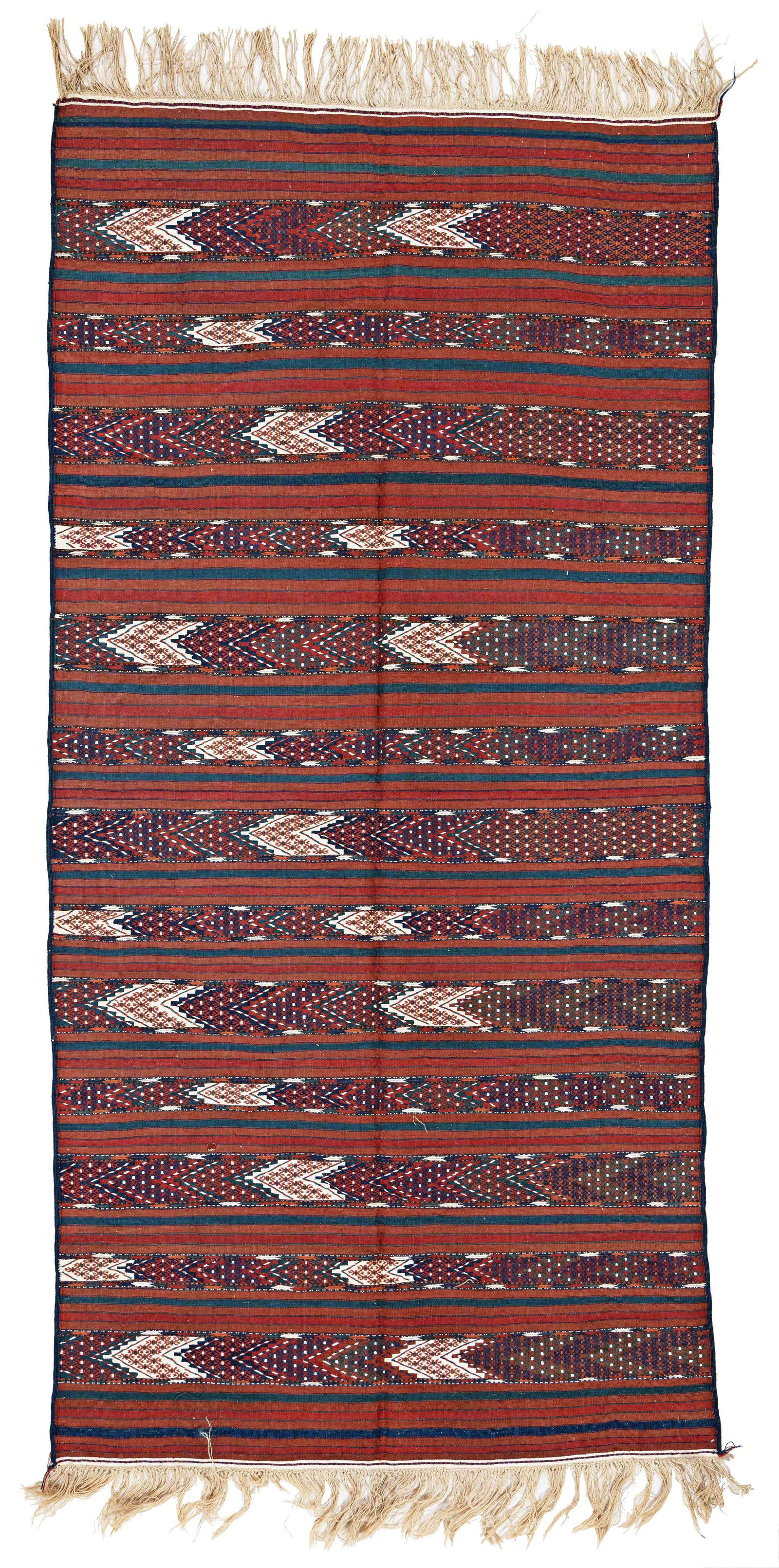 Yomut Kilim: Yomut Kilim 276 x 135 cm (9' 1" x 4' 5") Turkmenistan, late 19th century Condition: very good, minor small repairs Warp: wool, weft: wool and cotton