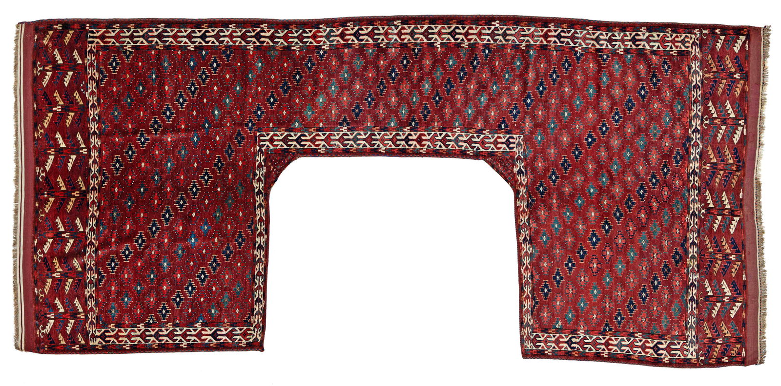 Yomut Odshak Bashi Rug: Yomut Odshak Bashi 332 x 153 cm (10' 11" x 5') Turkmenistan, second half 19th century Condition: very good, full pile, scattered small repairs Warp: wool, weft: wool, pile: wool