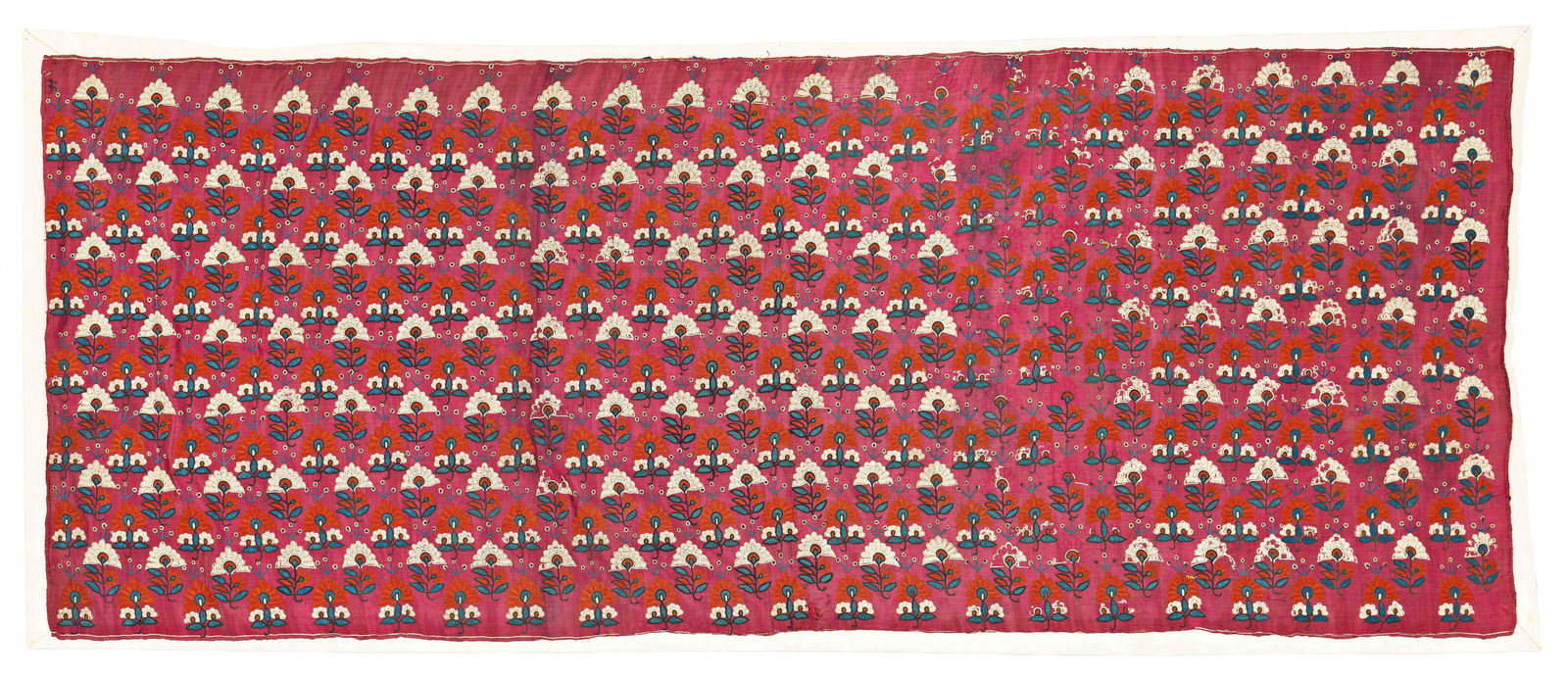 Indian Silk Embroidery: Indian Silk Embroidery 176 x 71 cm (5' 9" x 2' 4") India, 19th century Condition: good, slight abrasions, slight signs of use, sewn on fabric Silk on silk