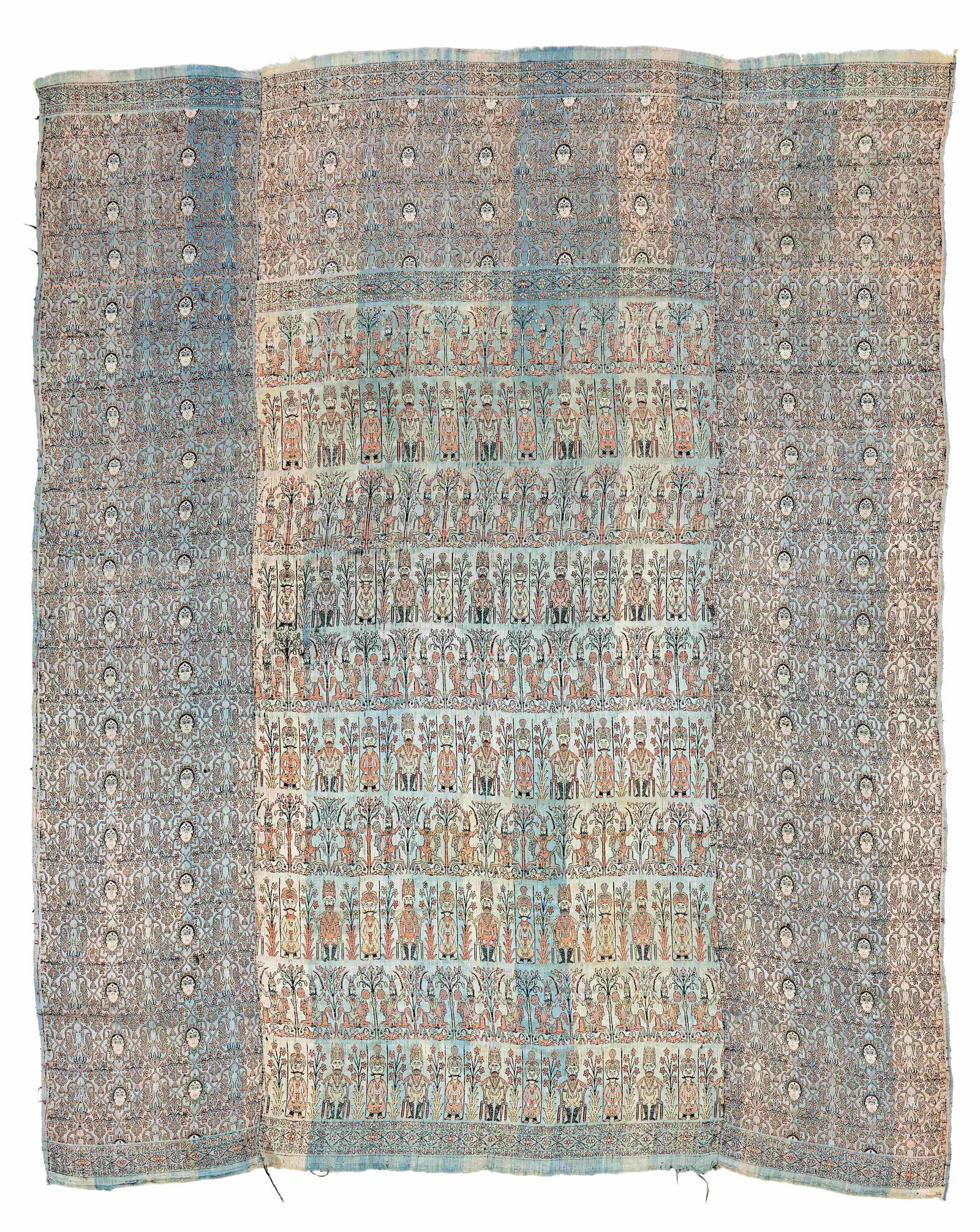 Silk Qajar wall hanging: Silk Qajar wall hanging 172 x 140 cm (5' 8" x 4' 7") Persia, 19th century Condition: very good, minor abrasions, minor signs of use Silk fabric
