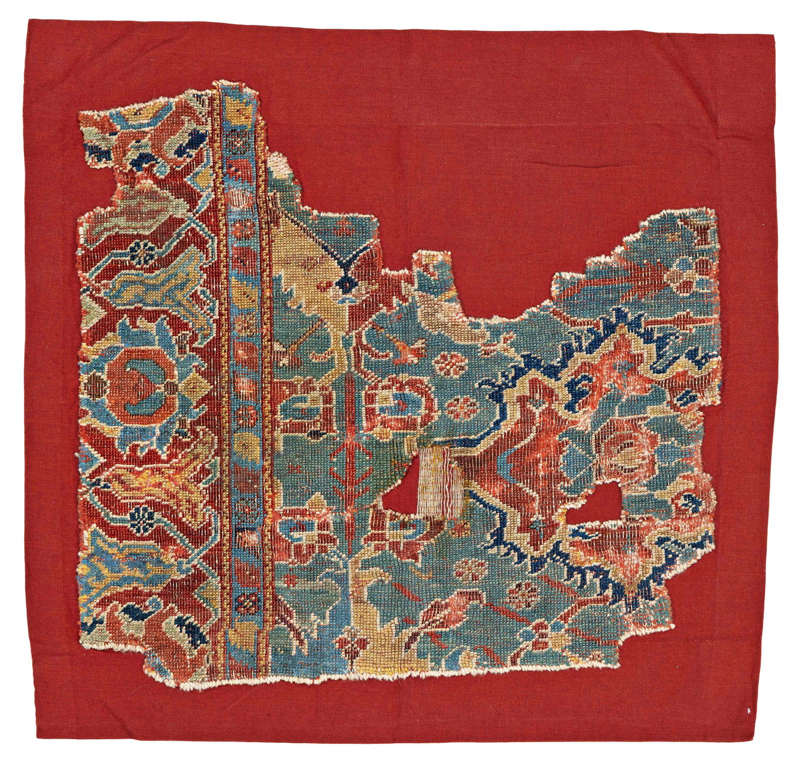 Ushak Carpet Fragment: Ushak Fragment 88 x 84 cm (2' 11" x 2' 9") Turkey, 18th century Condition: fragment, sewn on fabric Warp: wool, weft: wool, pile: wool