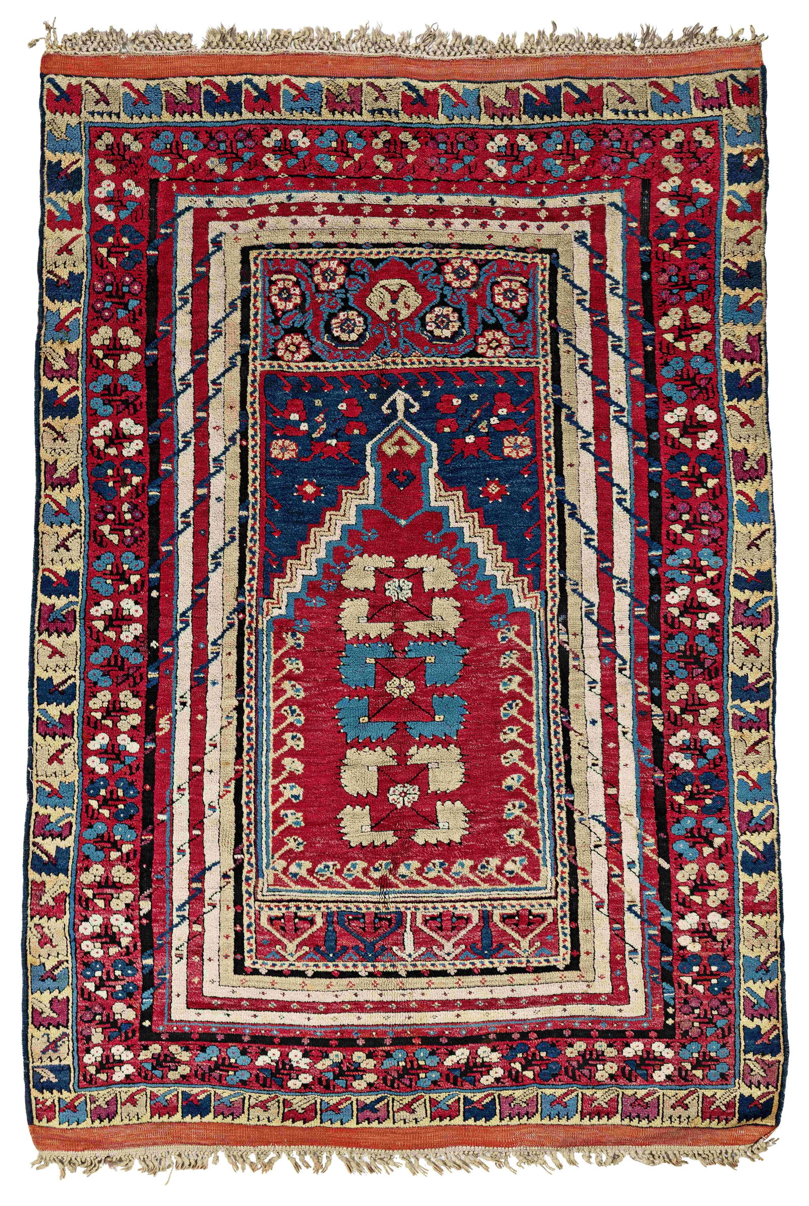 Kula Prayer Rug: Kula Prayer Rug 213 x 144 cm (7' x 4' 9") Turkey, late 19th century Condition: very good, full pile, partial corroded dark brown, minor small repairs Warp: wool, weft: wool, pile: wool