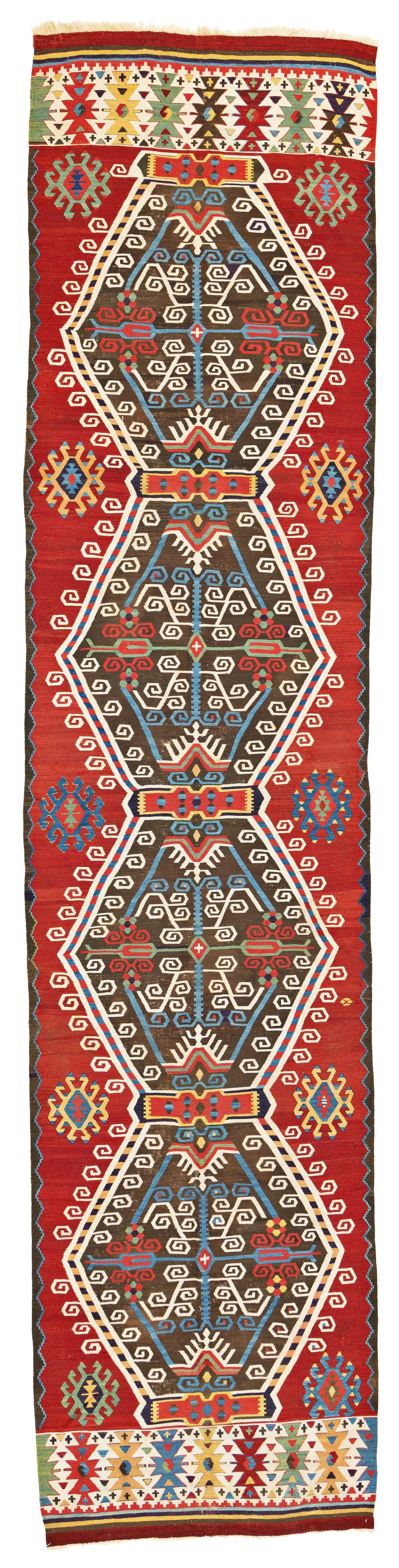 Hotamis Kilim: Hotamis Kilim 433 x 99 cm (14' 2" x 3' 3") Turkey, first half 19th century Condition: good, some professional restorations especially in the dark brown areas, minor signs of use Warp: wool, weft: wool