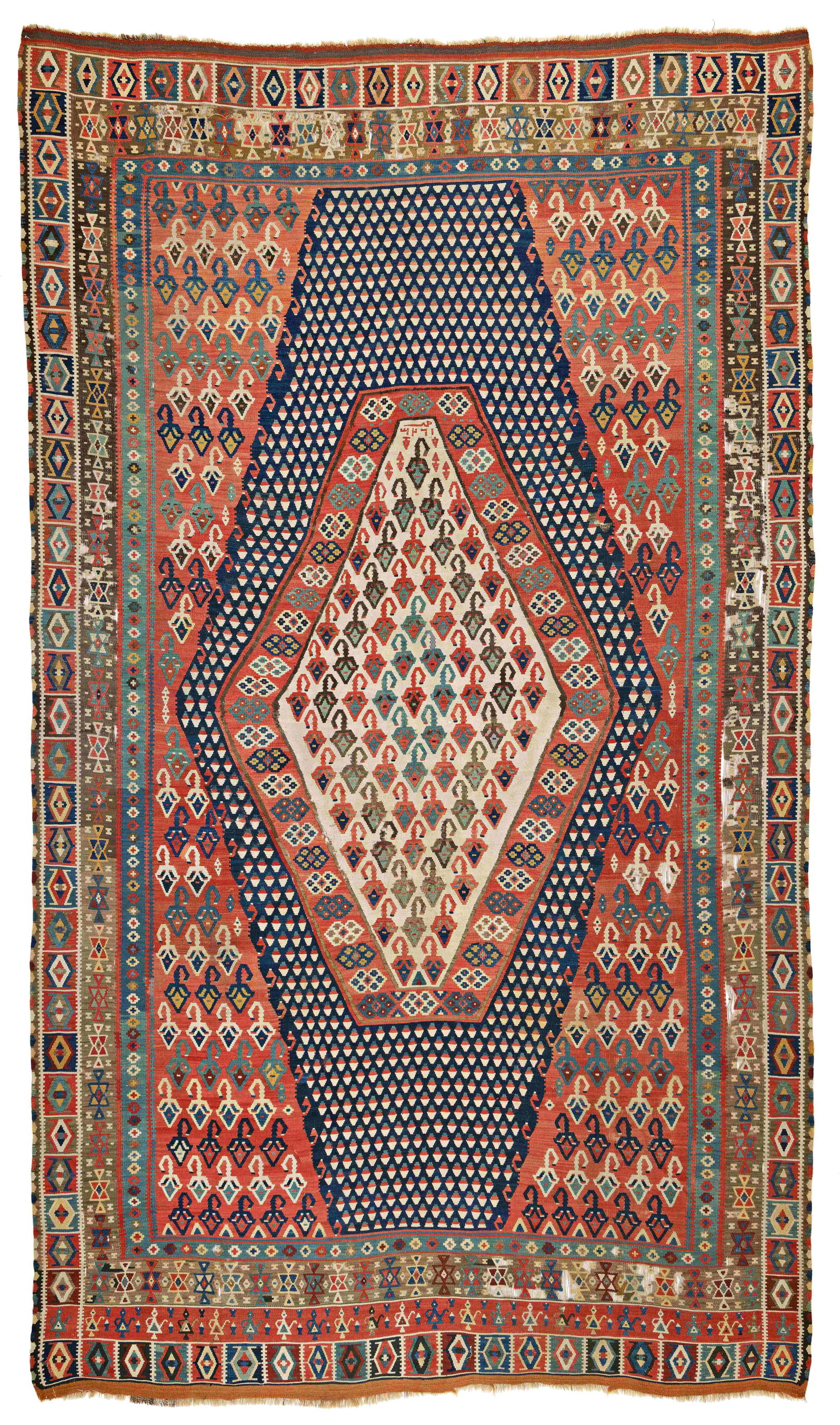 Large Erzurum Kilim: Large Erzurum Kilim 420 x 246 cm (13' 9" x 8' 1") Turkey, dated 1263 (1847) Condition: good, brown partially heavily corroded, scattered small holes and tears, scattered small repairs Warp: wool,