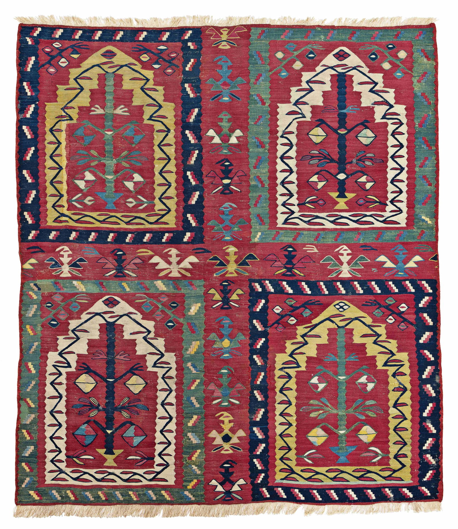 Sarkoy Kilim Fragment: Sarkoy Kilim Fragment 163 x 143 cm (5' 4" x 4' 8") Turkey, second half 19th century Condition: fragment, several small repairs, signs of use Published: "Türkische Teppiche", Adil Besim, 1978