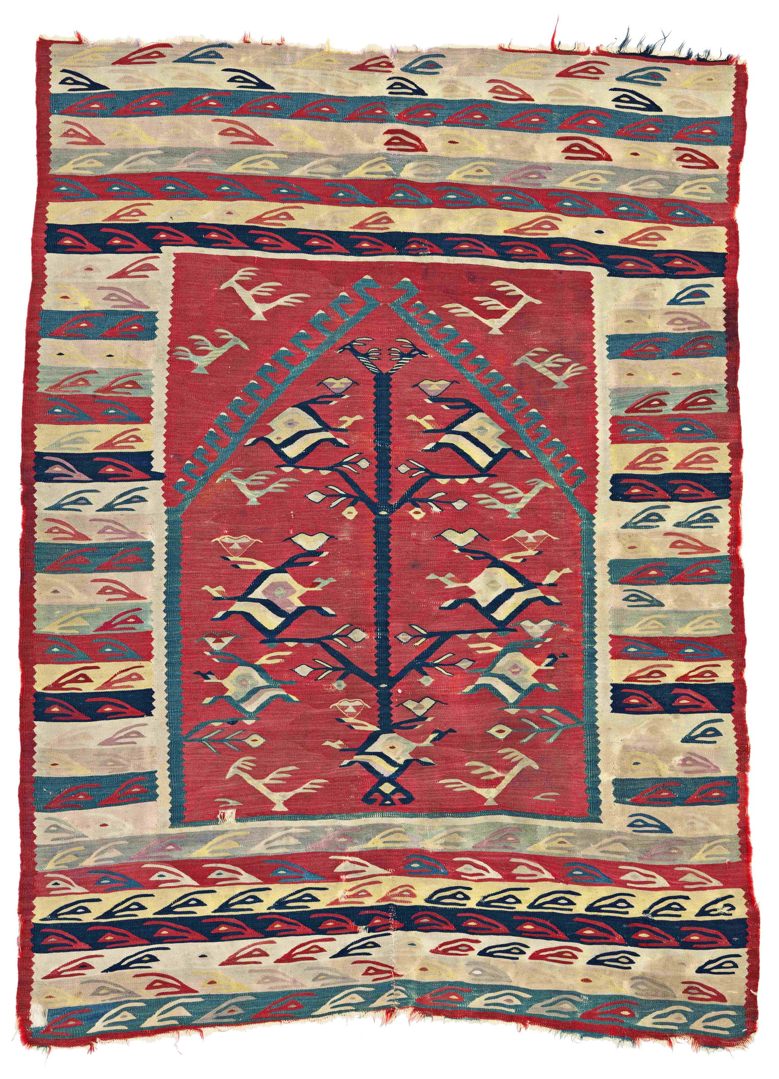 Fine Sarkoy Prayer Kilim: Fine Sarkoy Prayer Kilim 150 x 111 cm (4' 11" x 3' 8") Turkey, second half 19th century Condition: used, sides and ends partially incomplete, some small holes and tears, minor small repairs, stained,