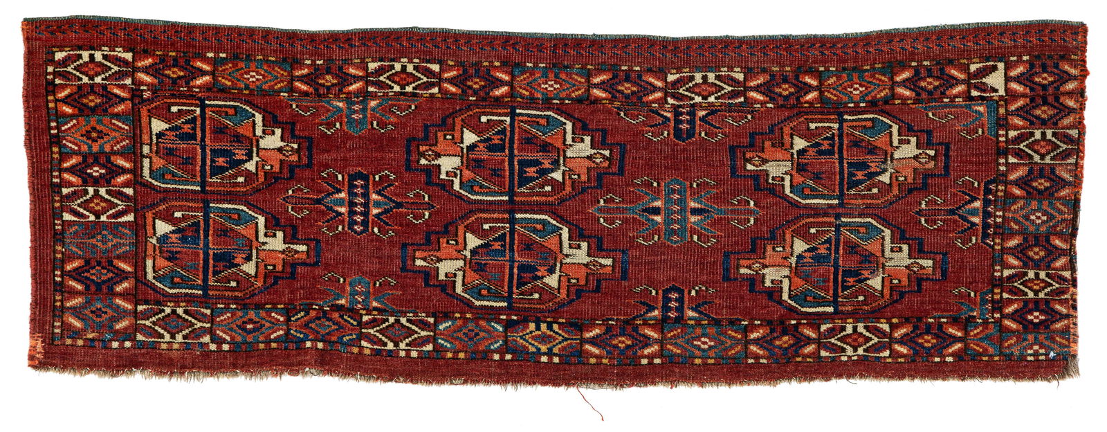 Kizil Ayak Torba: Kizil Ayak Torba 133 x 44 cm (4' 4" x 1' 5") Turkmenistan, mid 19th century Condition: good, low pile in places, right side incomplete, scattered small repairs, signs of use Warp: wool, weft: wool,