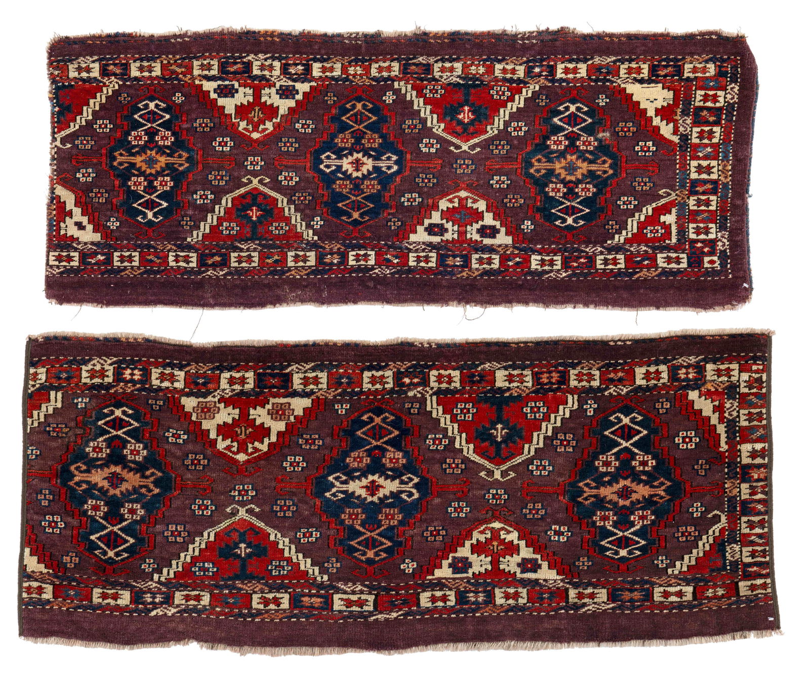 A Pair of P-Chodor Torbas: A Pair of P-Chodor Torbas 101 x 41 cm and 106 x 41 cm (3' 4" x 1' 4" and 3' 6" x 1' 4") Turkmenistan, mid 19th century Condition: good, good pile, sides incomplete, minor small repairs Warp: wool,