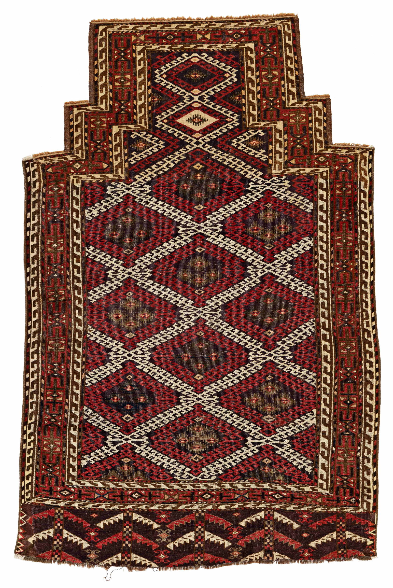 Chodor Prayer Rug: Chodor Prayer Rug 170 x 111 cm (5' 7" x 3' 8") Turkmenistan, second half 19th century Condition: good, low pile, both sides restored, scattered small repairs, slight signs of use Warp: wool, weft: