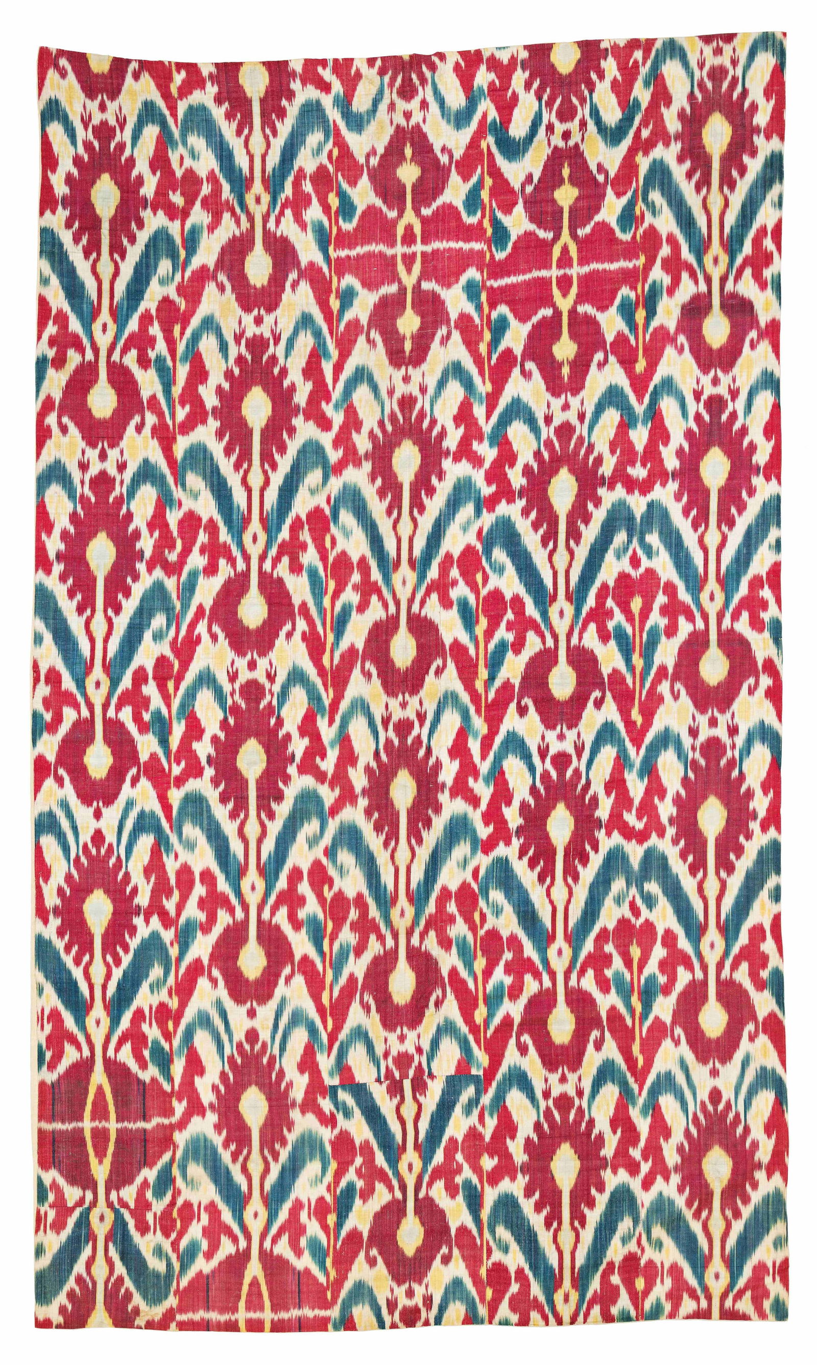 Silk Ikat: Silk Ikat 223 x 132 cm (7' 4" x 4' 4") Uzbekistan, second half 19th century Condition: very good, minor signs of use, backed with fabric Warp: silk, weft: silk