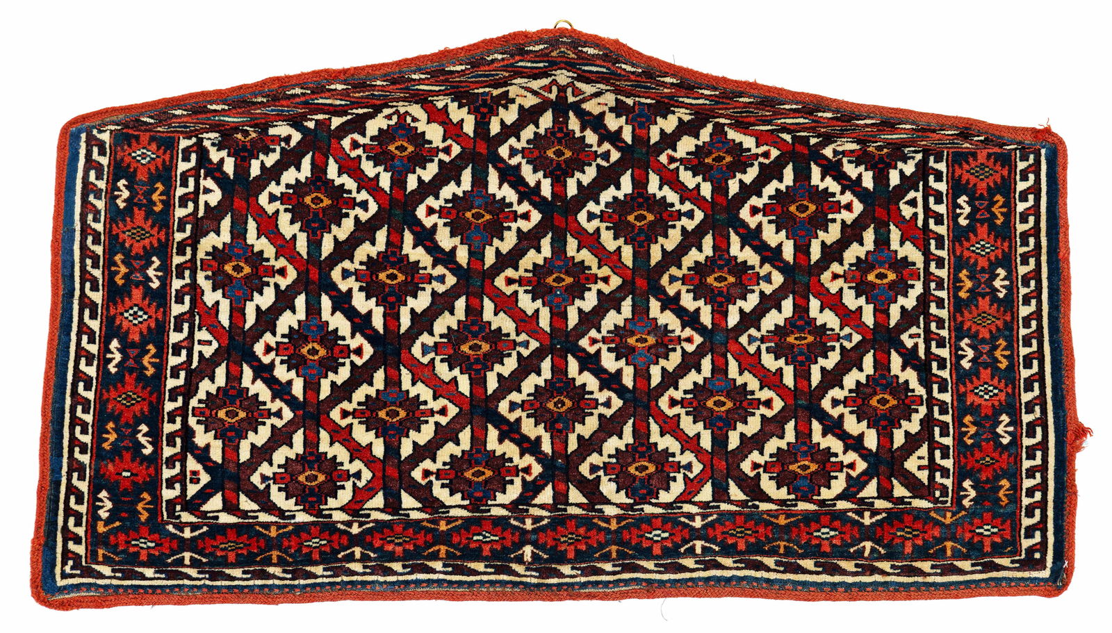 Yomut Asmalyk: Yomut Asmalyk 108 x 60 cm (3' 7" x 2') Turkmenistan, second half 19th century Condition: good, good pile, sides and ends rebound, left side partially restored, slight signs of use Warp: wool, weft: wo