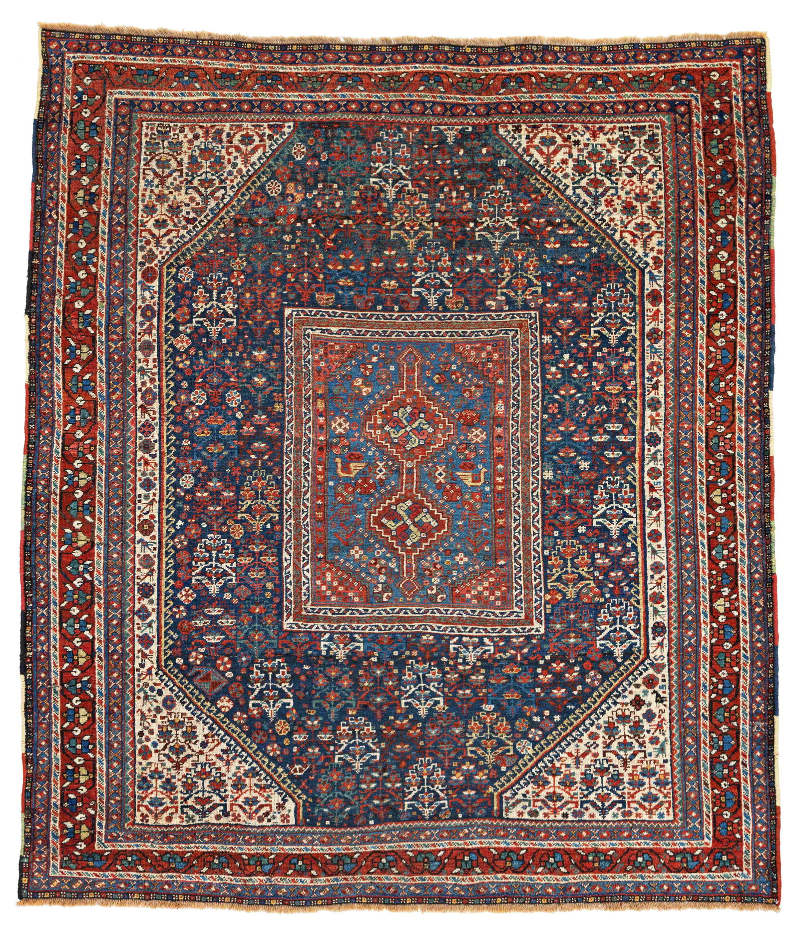 Khamseh Rug: Khamseh 197 x 172 cm (6' 6" x 5' 8") Persia, late 19th century Condition: good, mostly good pile, minor small moth damages, scattered small repairs Warp: wool, weft: wool, pile: wool