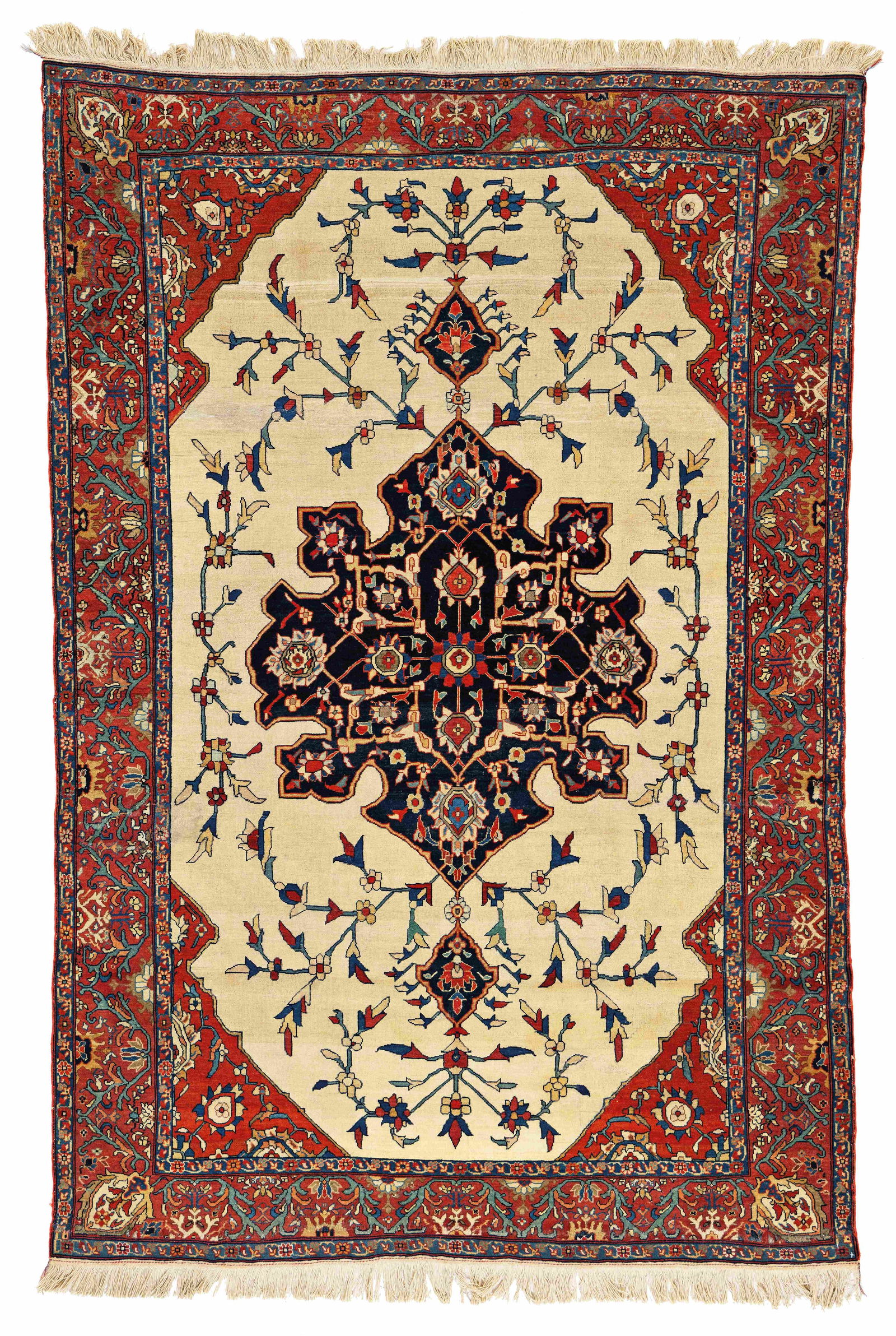 Sarouk Ferahan Rug: Sarouk Ferahan 190 x 128 cm (6' 3" x 4' 2") Persia, early 20th century Condition: good, low pile in places but not worn, both ends restored, scattered small repairs Warp: cotton, weft: cotton, pile: