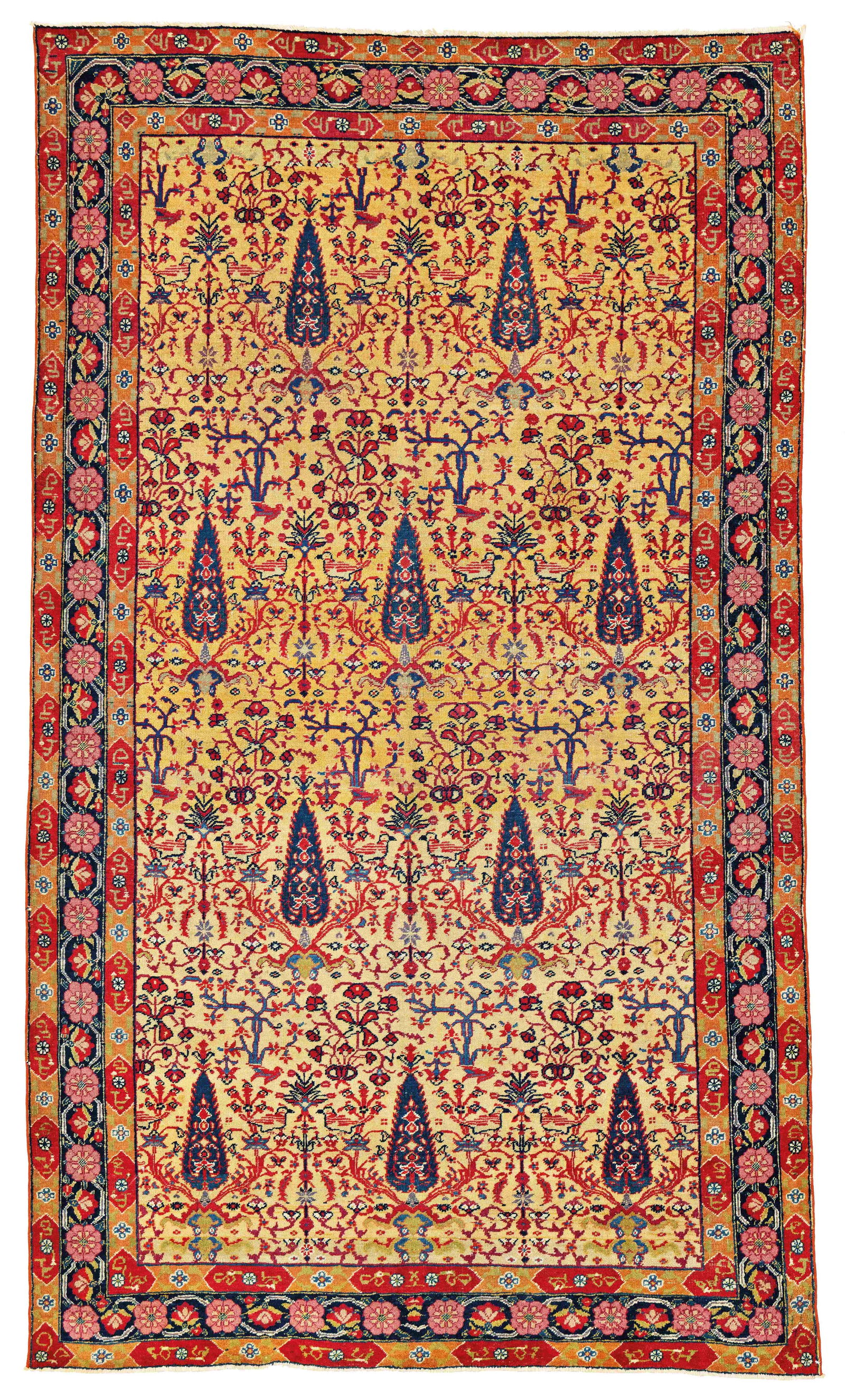 Yellow Ground Kirman Rug: Yellow Ground Kirman 208 x 120 cm (6' 10" x 3' 11") Persia, early 20th century Condition: very good, low pile in places but not worn, scattered small repairs Warp: cotton, weft: cotton, pile: wool