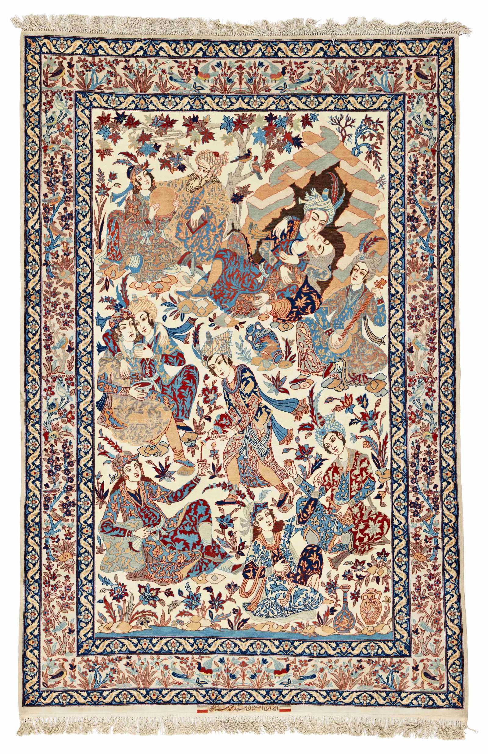 Signed Isfahan Pictorial Rug: Signed Isfahan Pictorial Rug 212 x 138 cm (6' 11" x 4' 6") Persia, ca. 1970 Condition: excellent Signature: "Iran Isfahan Seyeid Mohamad Sanayeh" Warp: silk, weft: silk, pile: wool