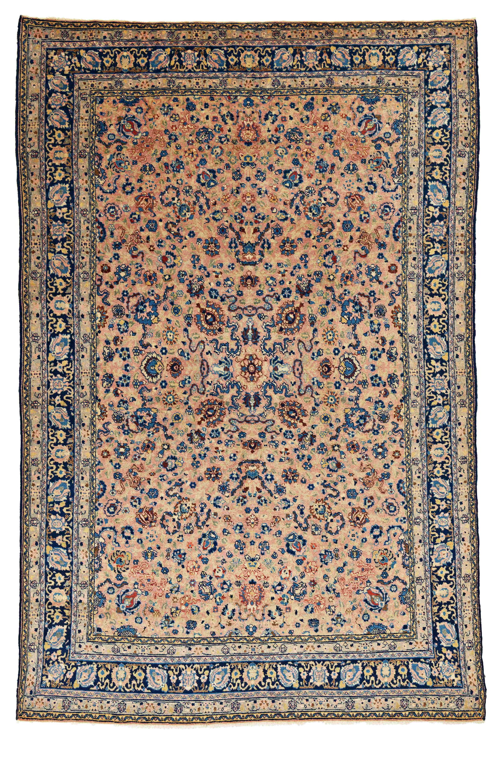 Double-sided piled Tabriz Rug: Double-sided piled Tabriz 246 x 155 cm (8' 1" x 5' 1") Persia, ca. 1930 Condition: very good, one side light-colored with red border, other side salmon-colored with blue border, mostly good pile on