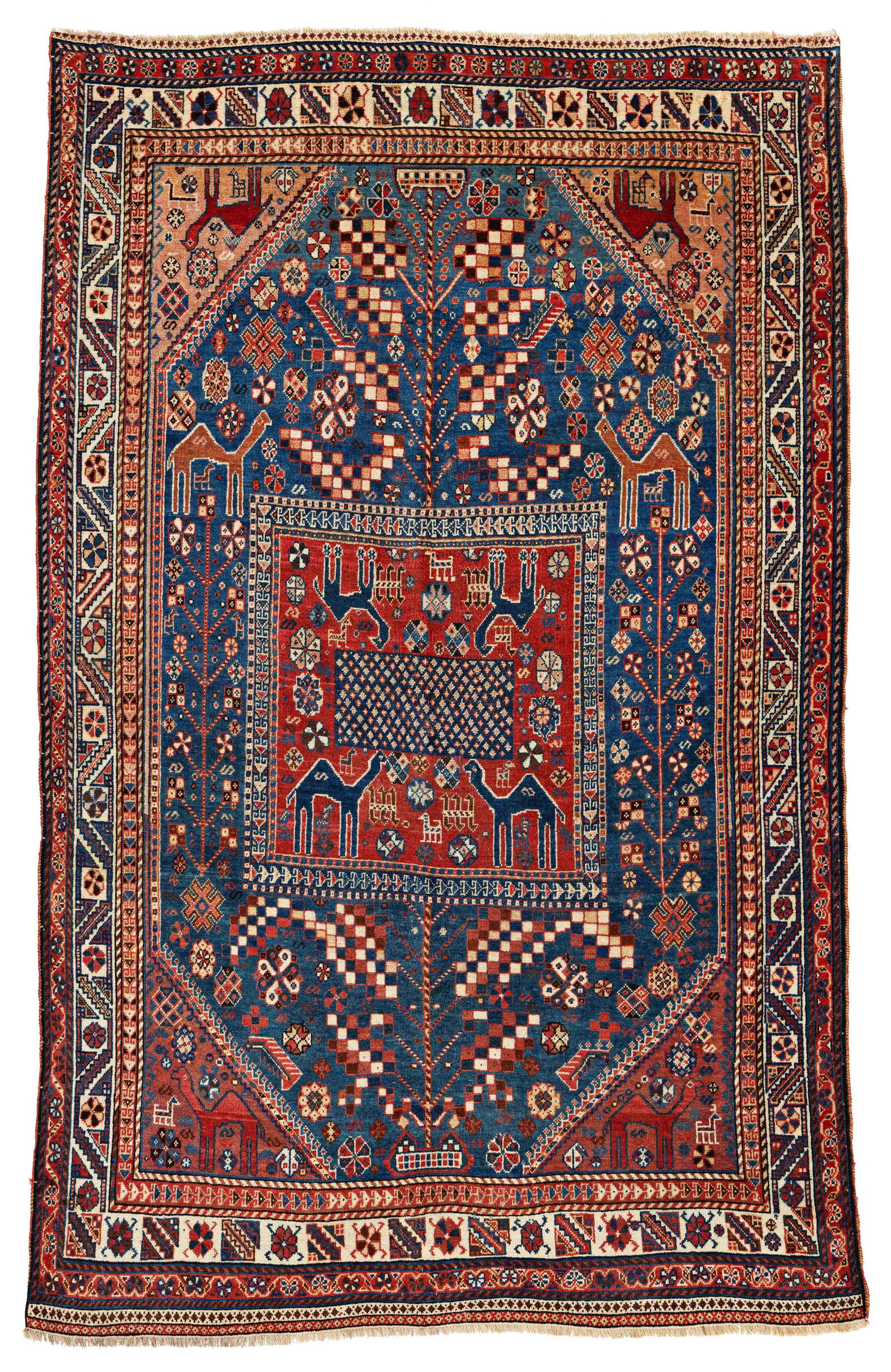 Qashqai Rug: Qashqai 225 x 140 cm (7' 5" x 4' 7") Persia, ca. 1900 Condition: good, scattered low pile, partial corroded dark brown, minor small repairs Warp: wool, weft: wool, pile: wool