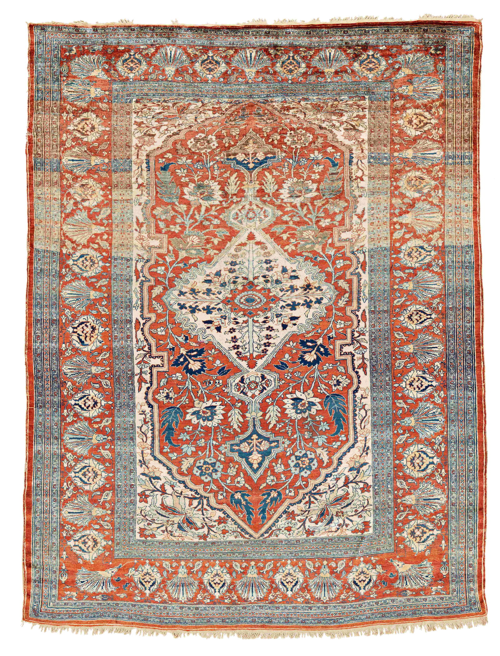 Fine Silk Tabriz Rug: Fine Silk Tabriz 185 x 137 cm (6' 1" x 4' 6") Persia, ca. 1900 Condition: good, mostly good pile, sides and ends partially damaged Warp: silk, weft: silk, pile: silk