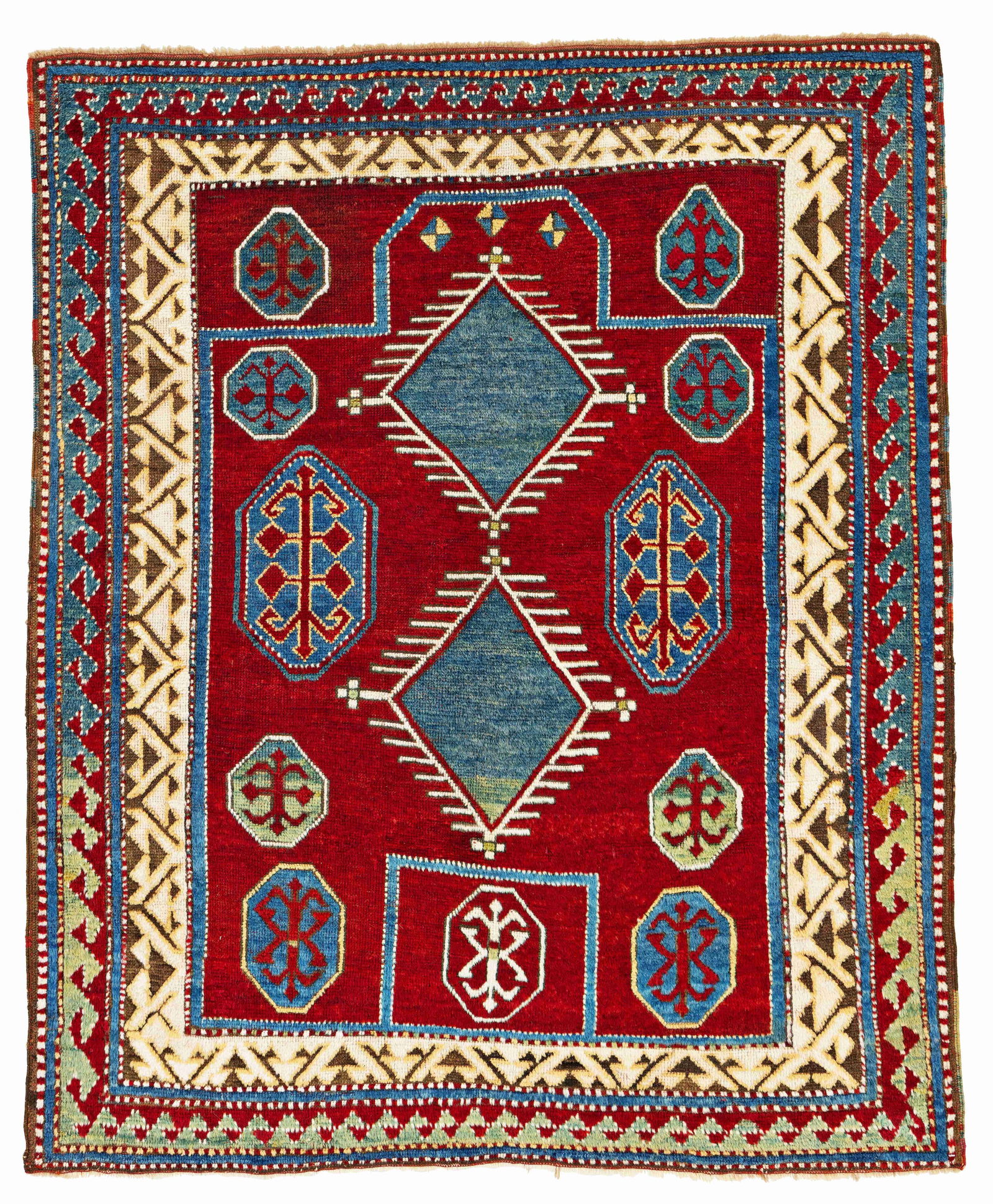 Bordjalou Kazak Prayer Rug: Bordjalou Kazak Prayer Rug 150 x 120 cm (4' 11" x 3' 11") Caucasus, ca. 1880 Condition: good, low pile in places, corroded dark brown, upper end slightly restored, scattered small repairs Warp: wool,