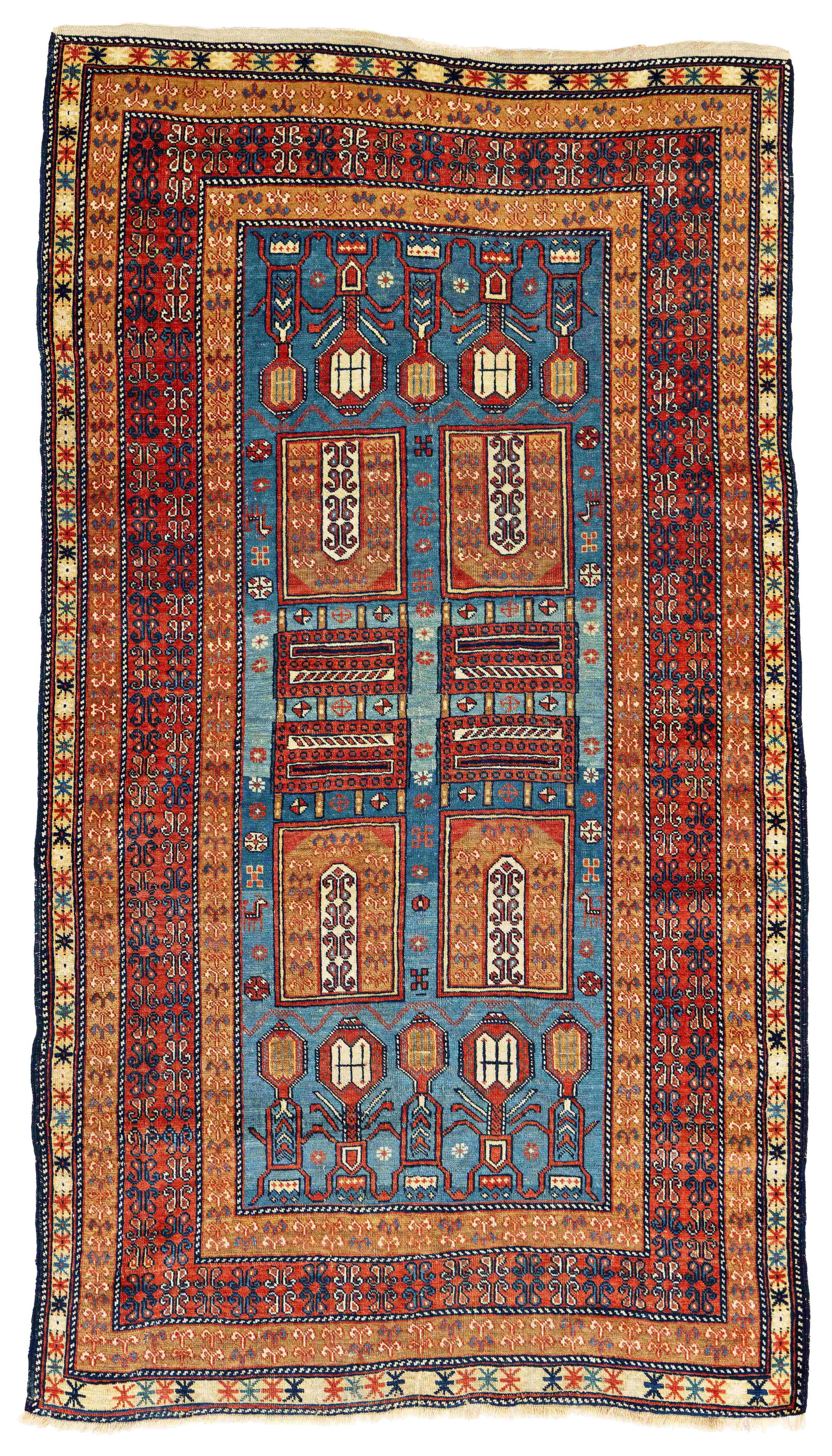 Tachte Shirvan Rug: Tachte Shirvan 190 x 107 cm (6' 3" x 3' 6") Caucasus, late 19th century Condition: good, low pile in places, minor small repairs, minor signs of use Warp: wool, weft: cotton, pile: wool
