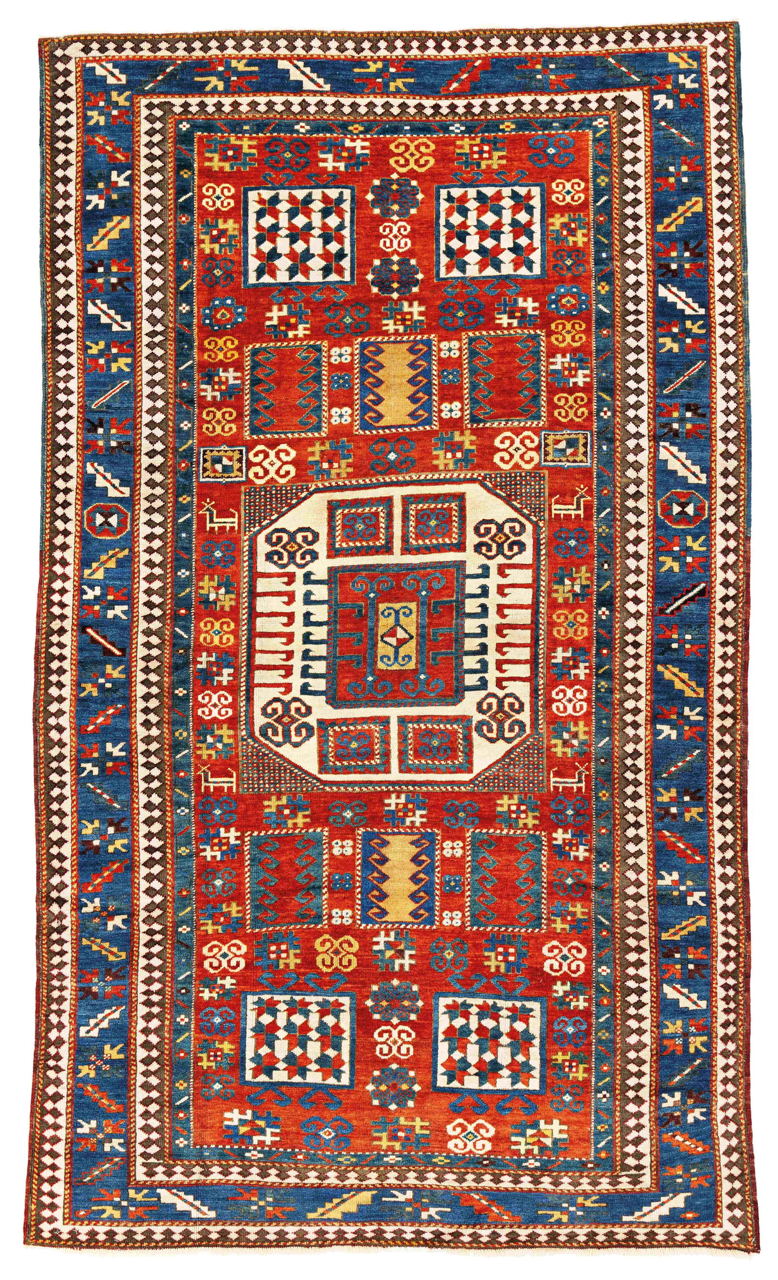 Karachov Kazak Rug: Karachov Kazak 254 x 147 cm (8' 4" x 4' 10") Caucasus, ca. 1880 Condition: very good, mostly good pile, corroded dark brown, minor small repairs Warp: wool, weft: wool, pile: wool
