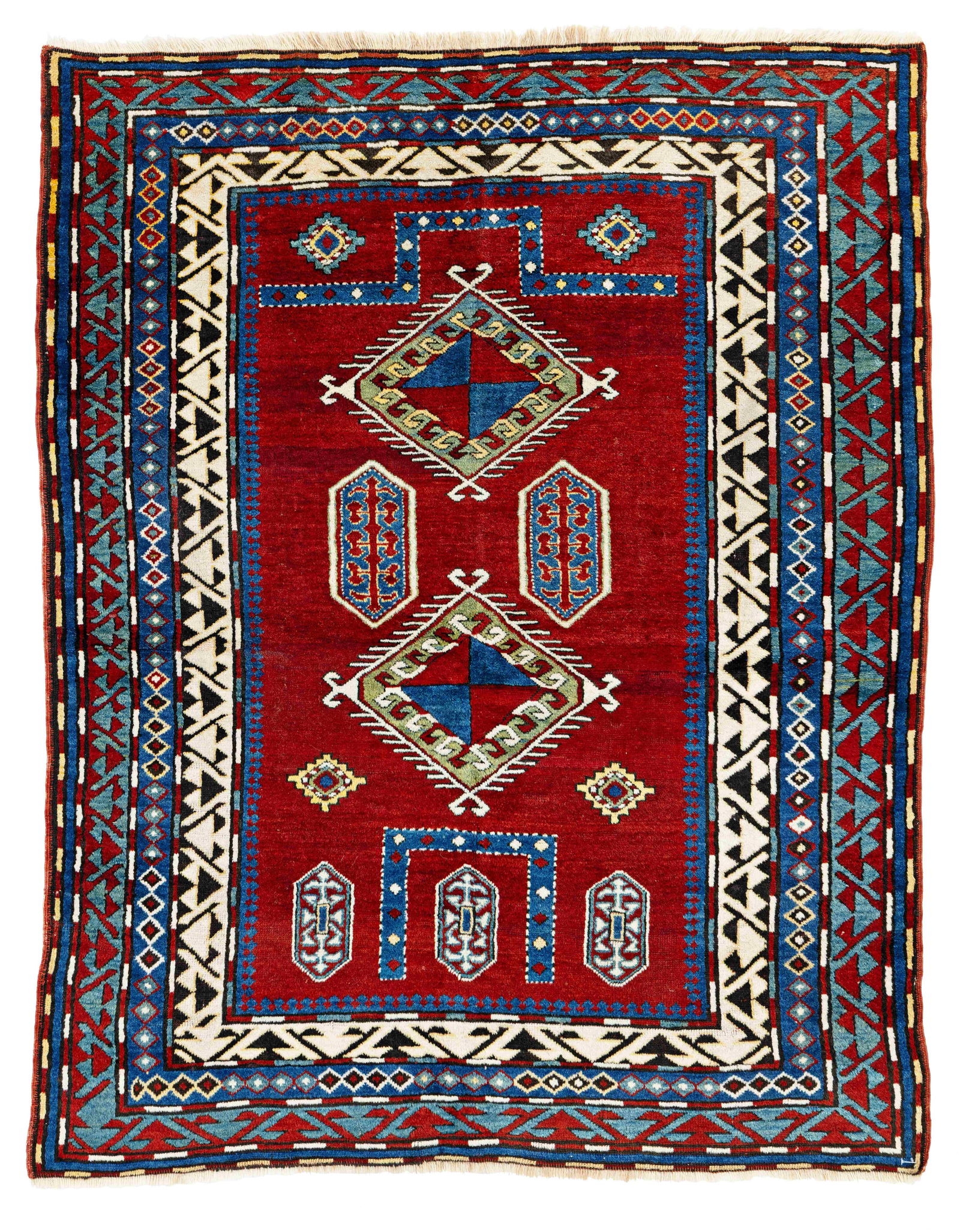 Bordjalou Kazak Prayer Rug: Bordjalou Kazak Prayer Rug 174 x 140 cm (5' 9" x 4' 7") Caucasus, late 19th century Condition: very good, mostly good pile, slightly corroded dark brown, scattered small repairs Warp: wool, weft: wool