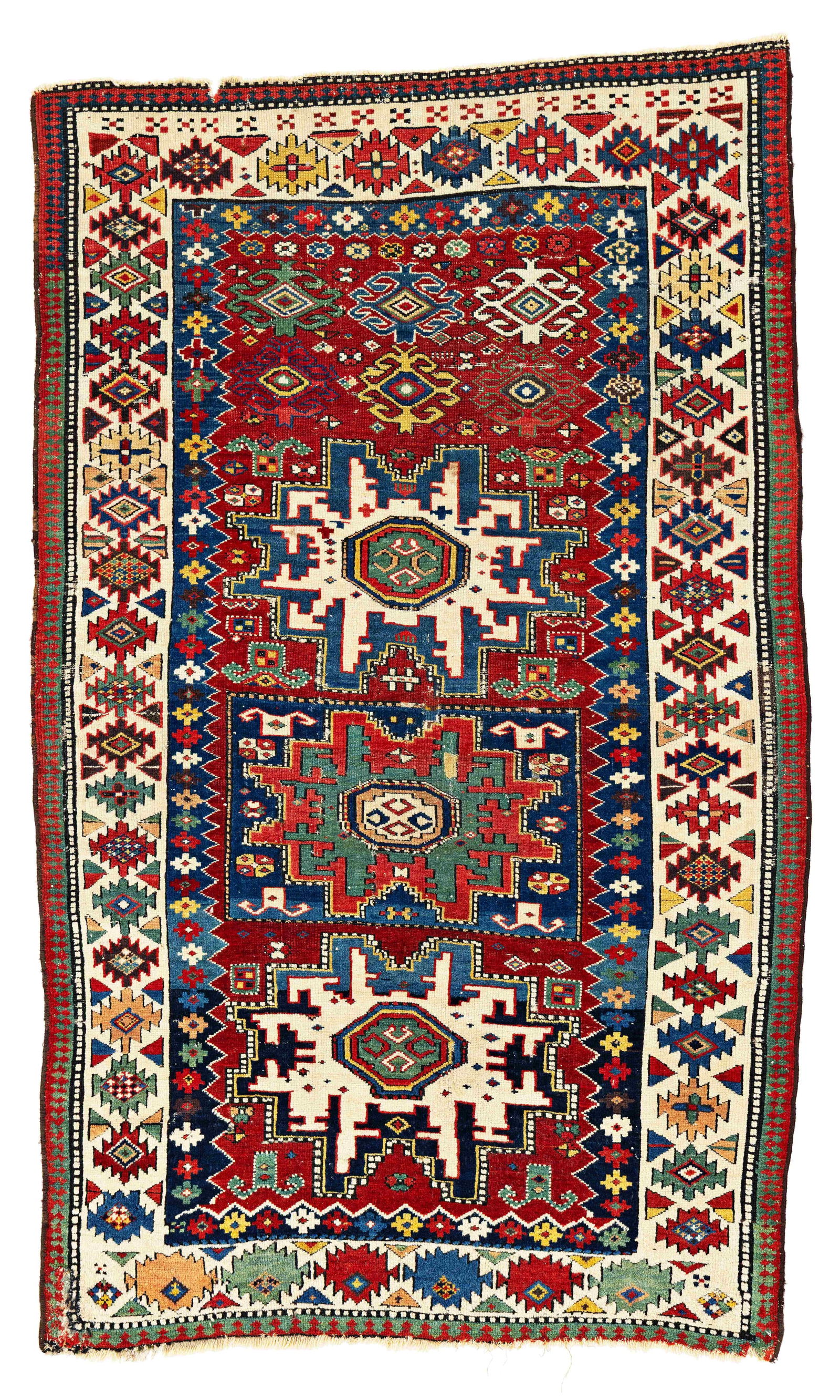 Kuba Rug: Kuba 170 x 103 cm (5' 7" x 3' 5") Caucasus, mid 19th century Condition: used, low pile in places, both ends damaged, scattered small moth damage, some old repairs, selvages rebound, signs of use Warp: