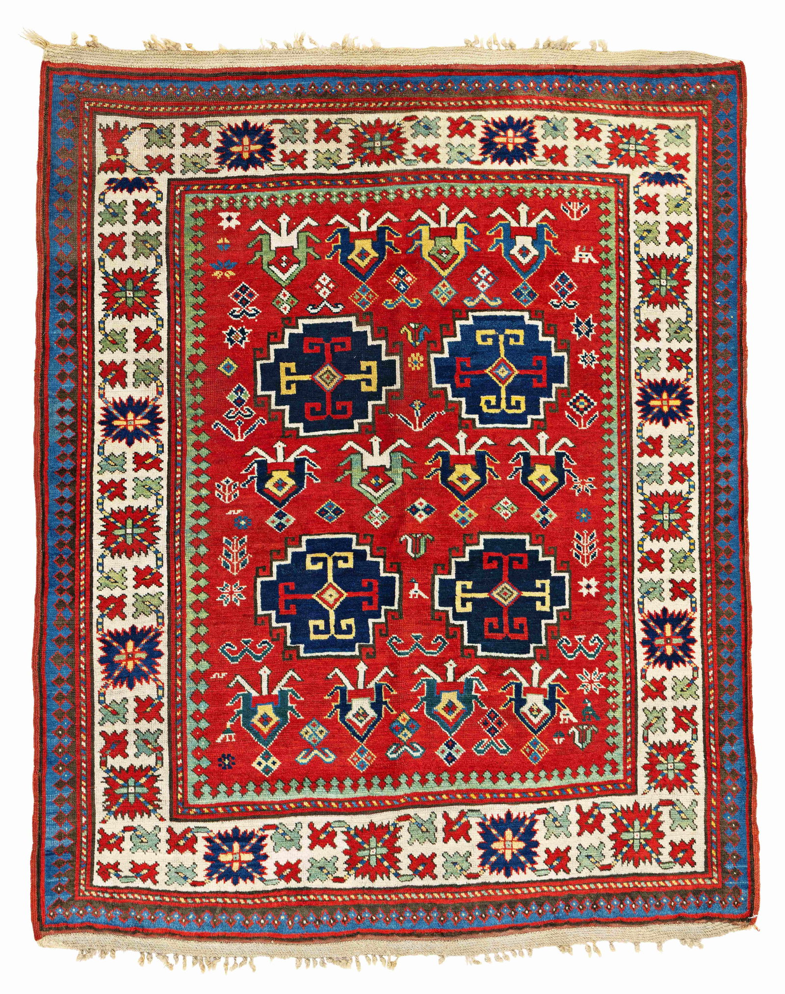 Kazak Rug: Kazak 176 x 141 cm (5' 9" x 4' 8") Caucasus, ca. 1880 Condition: very good, low pile in places, minor small repairs, original ends Warp: wool, weft: wool, pile: wool