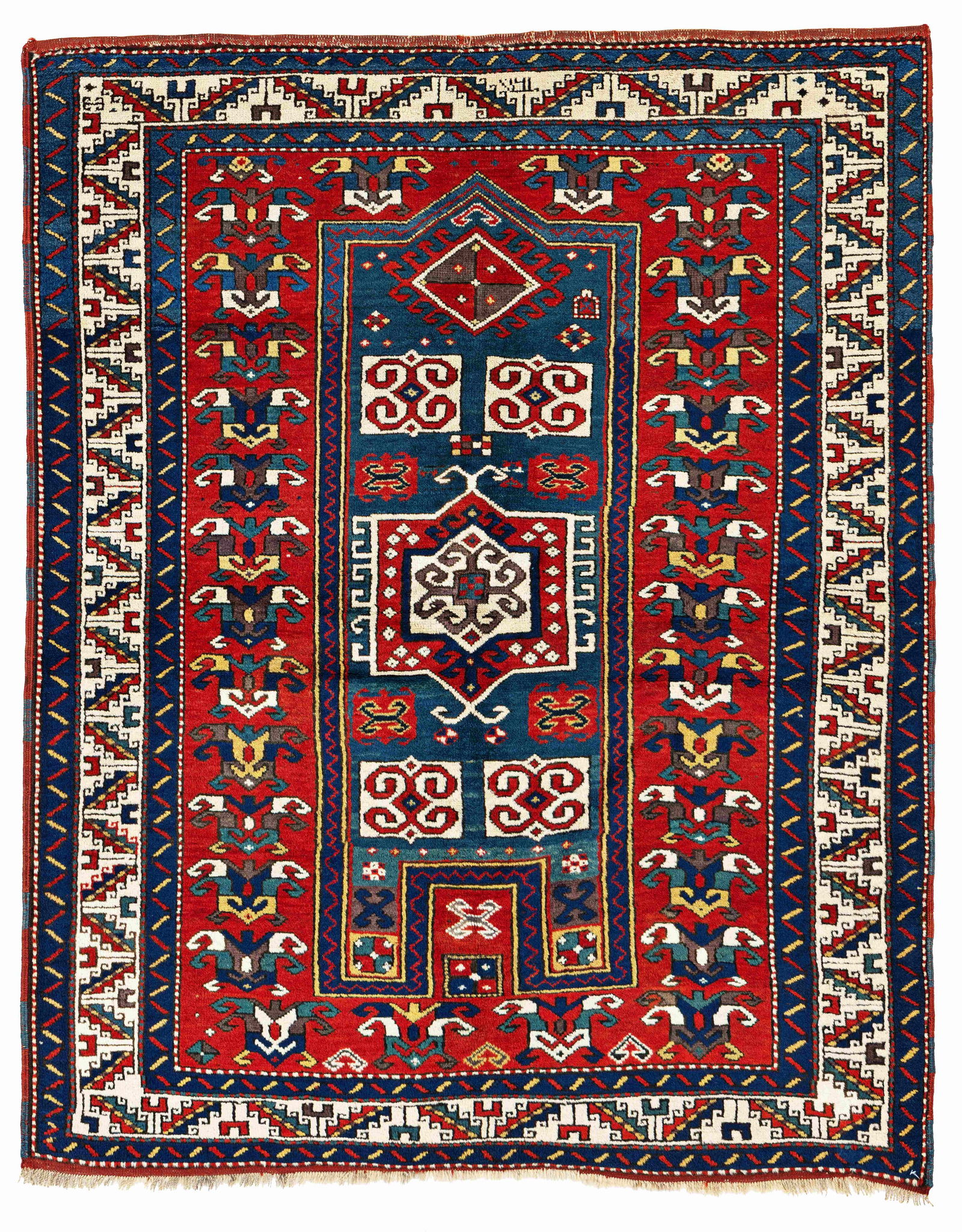 Fachralo Kazak Prayer Rug: Fachralo Kazak Prayer Rug 173 x 138 cm (5' 8" x 4' 6") Caucasus, dated 1270 ? (1852 ?) Condition: very good, good pile, minor signs of use Warp: wool, weft: wool, pile: wool