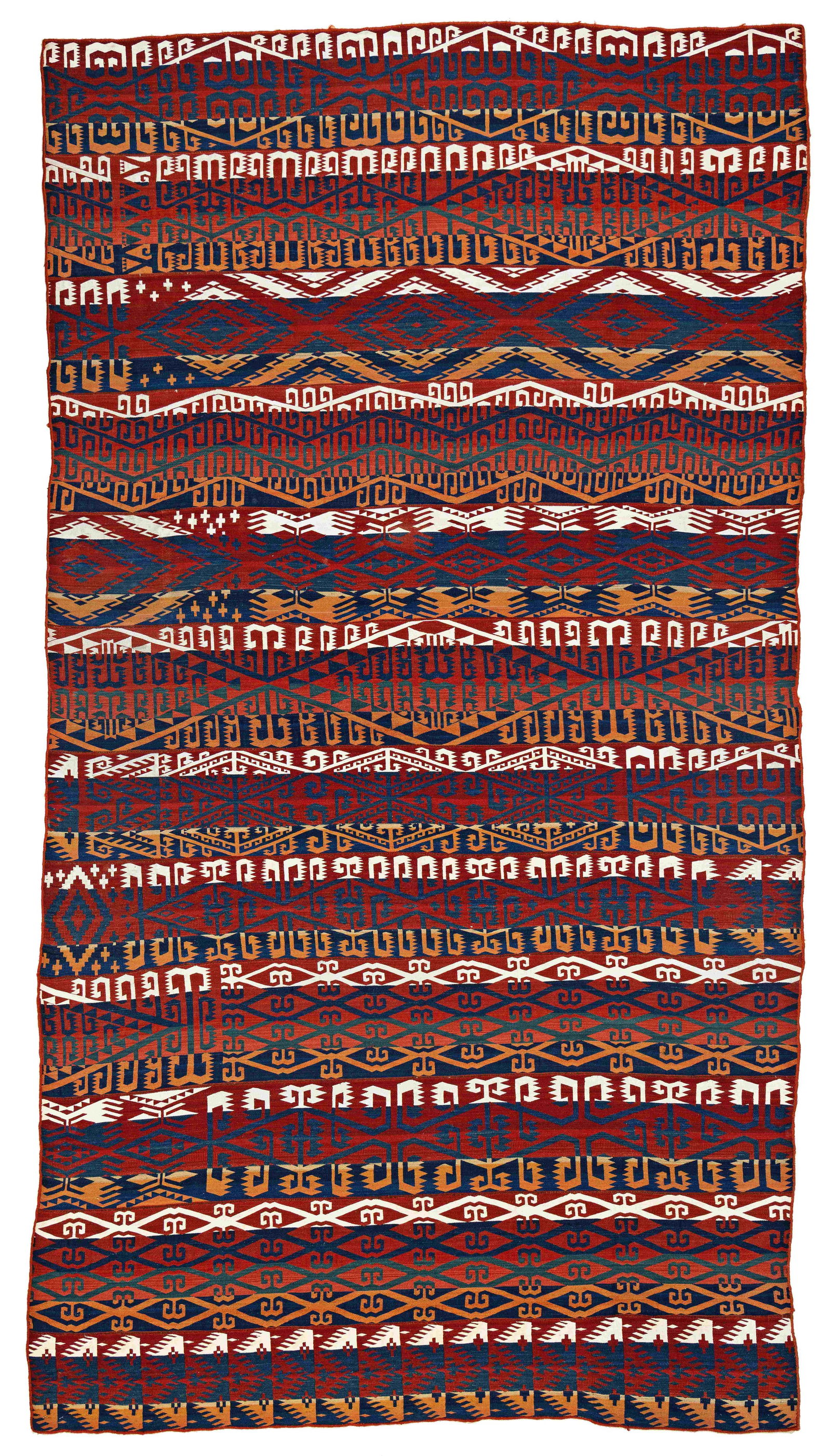 Uzbek Gudjeri Kilim: Uzbek Gudjeri Kilim 355 x 191 cm (11' 8" x 6' 3") Uzbekistan, early 20th century Condition: very good, selvages and ends rebound Warp: wool, weft: wool and cotton
