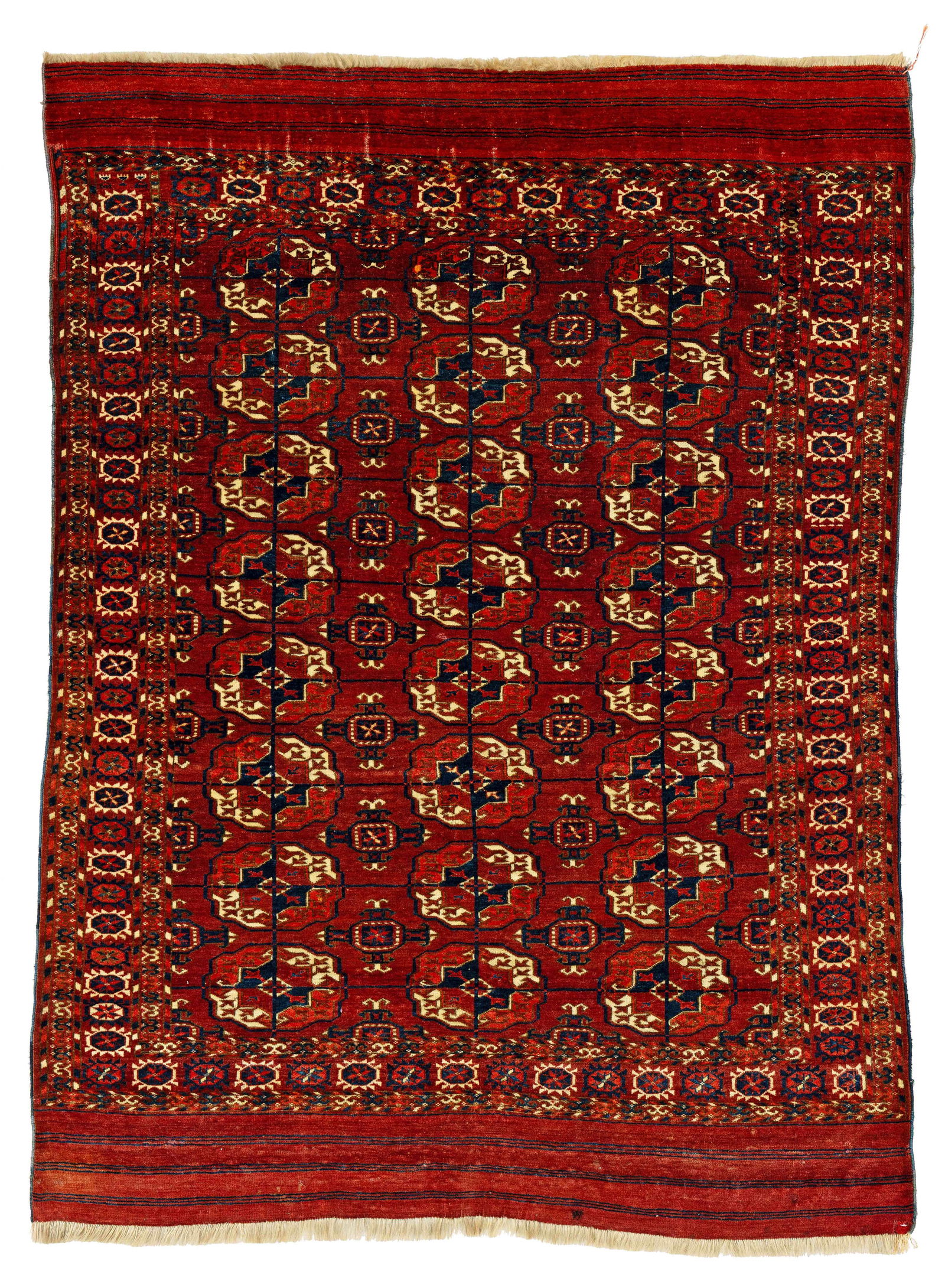 Tekke Rug: Tekke 158 x 117 cm (5' 2" x 3' 10") Turkmenistan, second half 19th century Condition: very good, good pile, scattered small repairs, minor signs of use Warp: wool, weft: wool, pile: wool