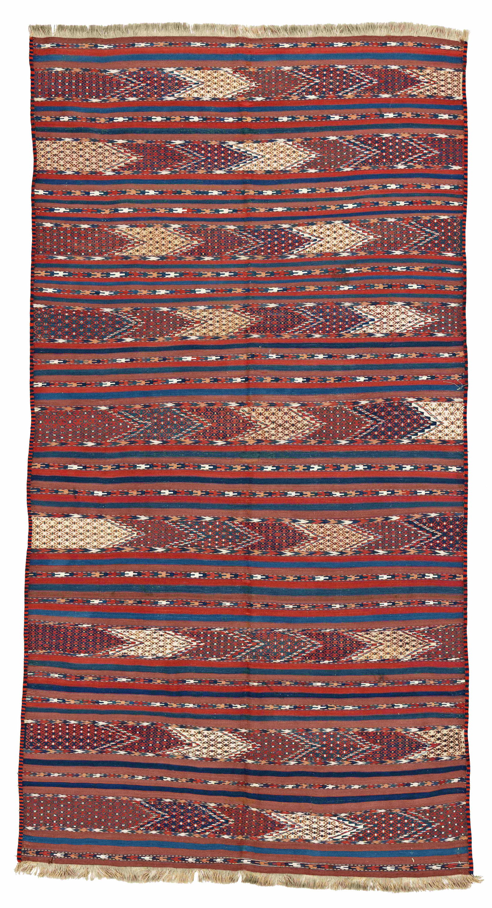 Yomut Kilim: Yomut Kilim 258 x 134 cm (8' 6" x 4' 5") Turkmenistan, late 19th century Condition: very good, minor small repairs Warp: wool, weft: wool and cotton