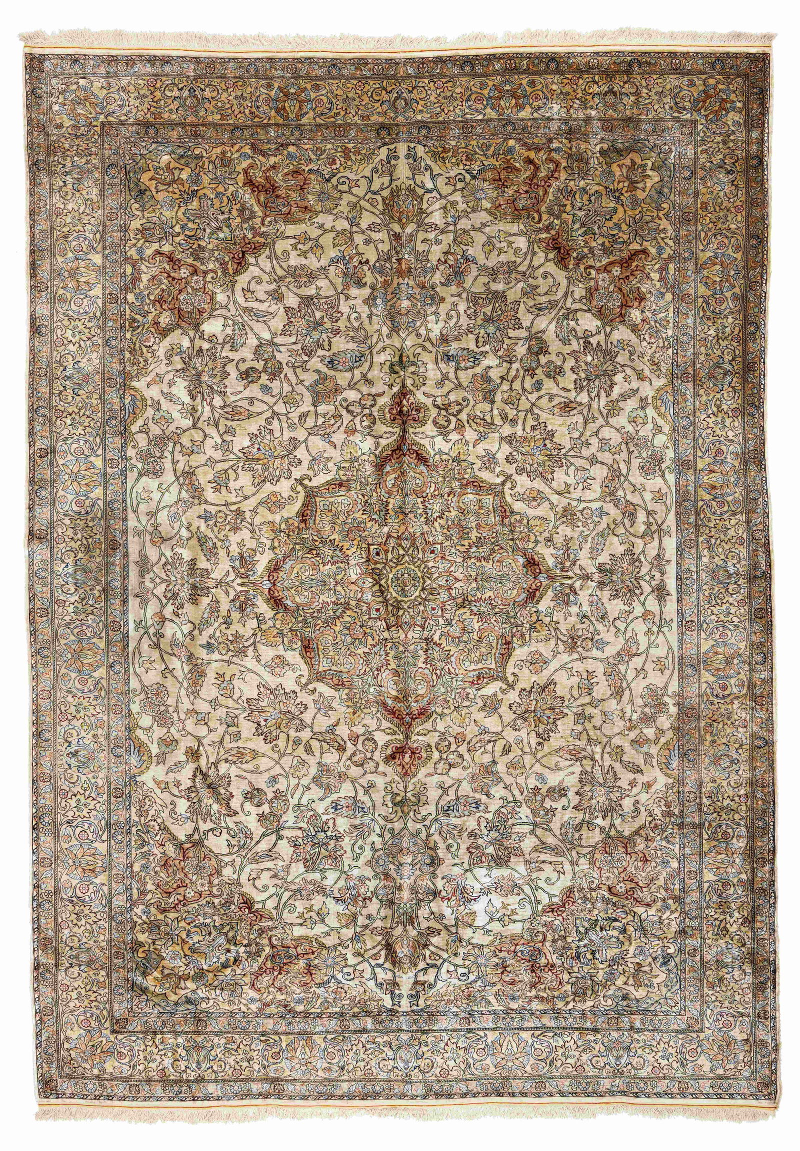 Large Silk Kayseri Carpet(9 x 9 knots per sq cm): Large Silk Kayseri (9 x 9 knots per sq cm) 296 x 213 cm (9' 9" x 7') Turkey, ca. 1970 Condition: very good, good pile, signs of use on the sides Warp: silk, weft: silk, pile: silk