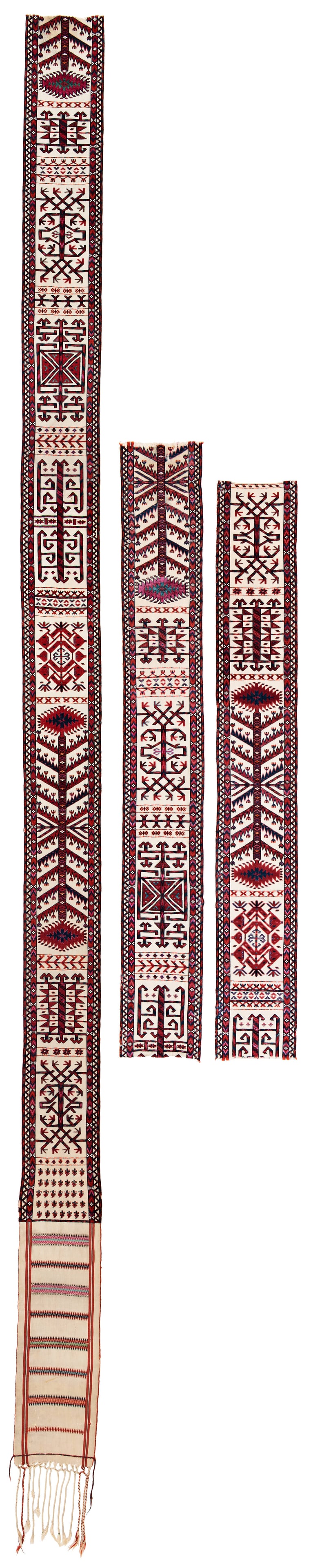 Three Fragments of a Salor or Saryk Tent Band: Three Fragments of a Salor or Saryk Tent Band 523/256/240 x 34 cm (17' 2" / 8' 5" / 7' 10" x 1' 1") Turkmenistan, ca. 1800 or before Condition: fragments, very good for its age, good pile, slight sign