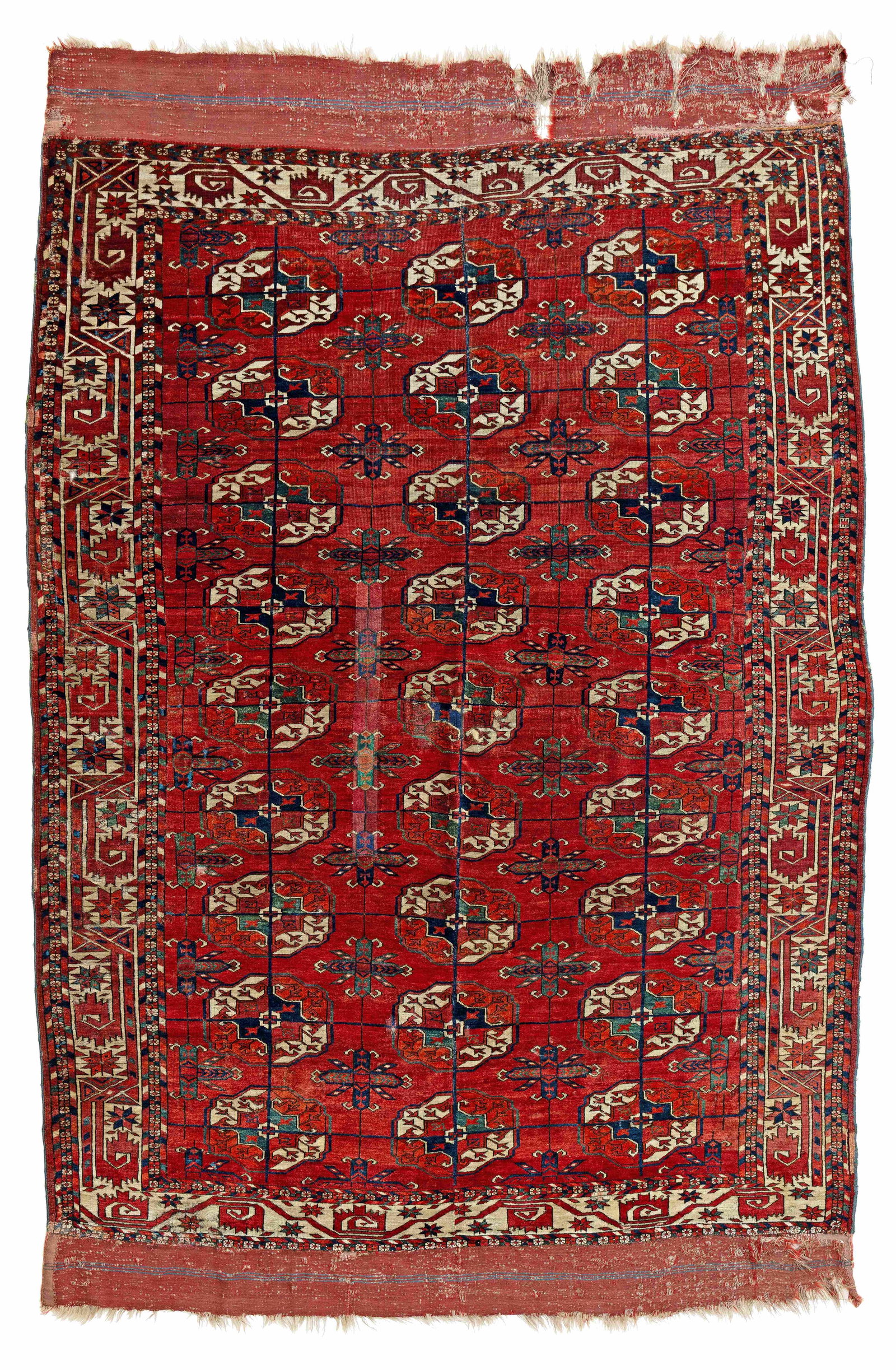 Early Tekke Main Carpet: Early Tekke Main Carpet 227 x 173 cm (7' 5" x 5' 8") Turkmenistan, ca. 1800 or before Condition: according to age, reduced in width, mostly good pile, several old repairs, kilim ends reattached and