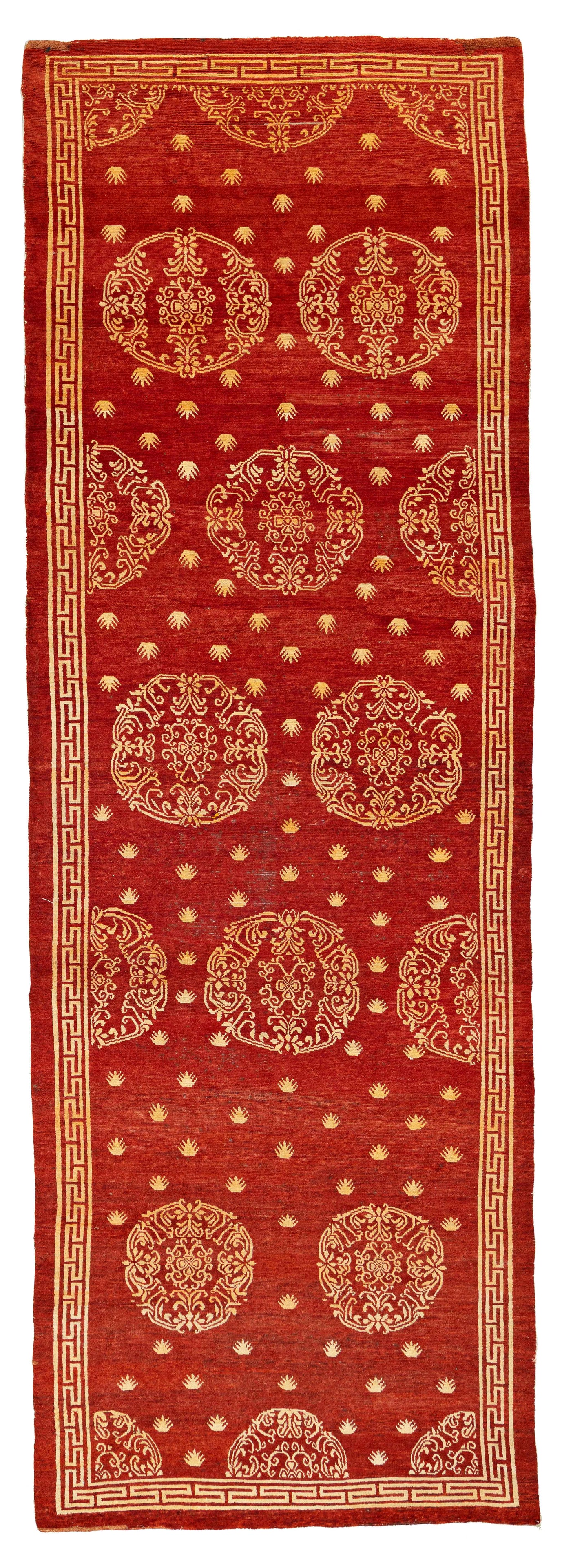 Large Tibet Carpet: Large Tibet 460 x 152 cm (15' 1" x 5') Tibet, early 20th century Condition: good, scattered low pile, both upper corners slightly restored, scattered small repairs Warp: wool, weft: wool, pile: wool